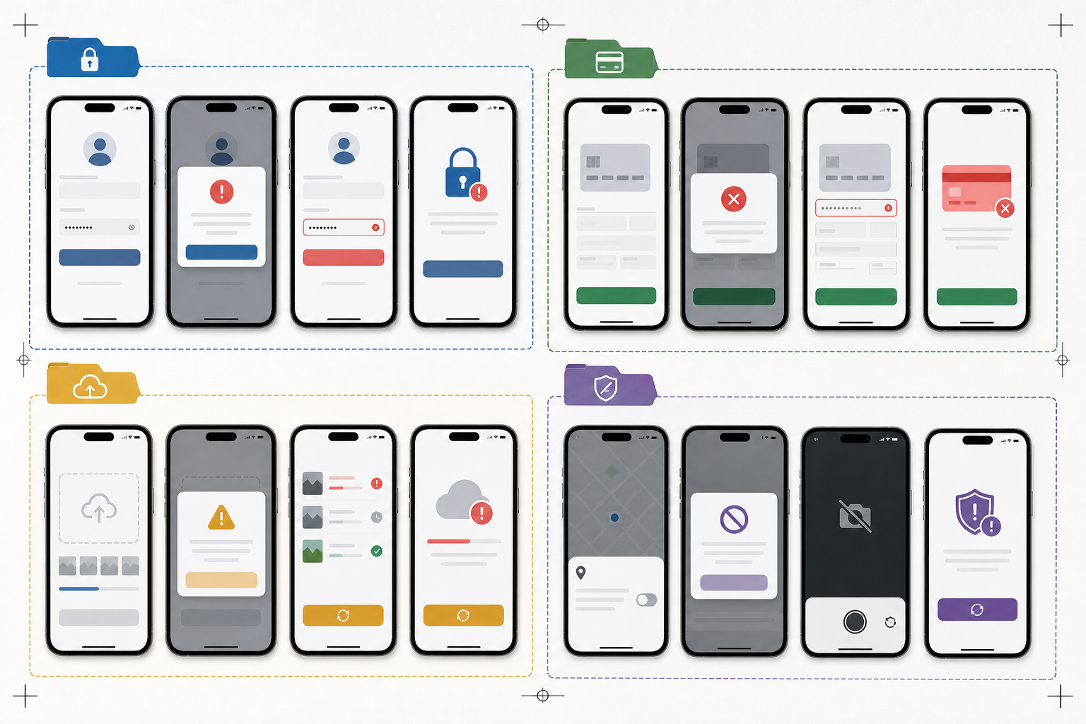 A neat grid of mobile error state screenshots grouped by login, payment, upload, and permission states