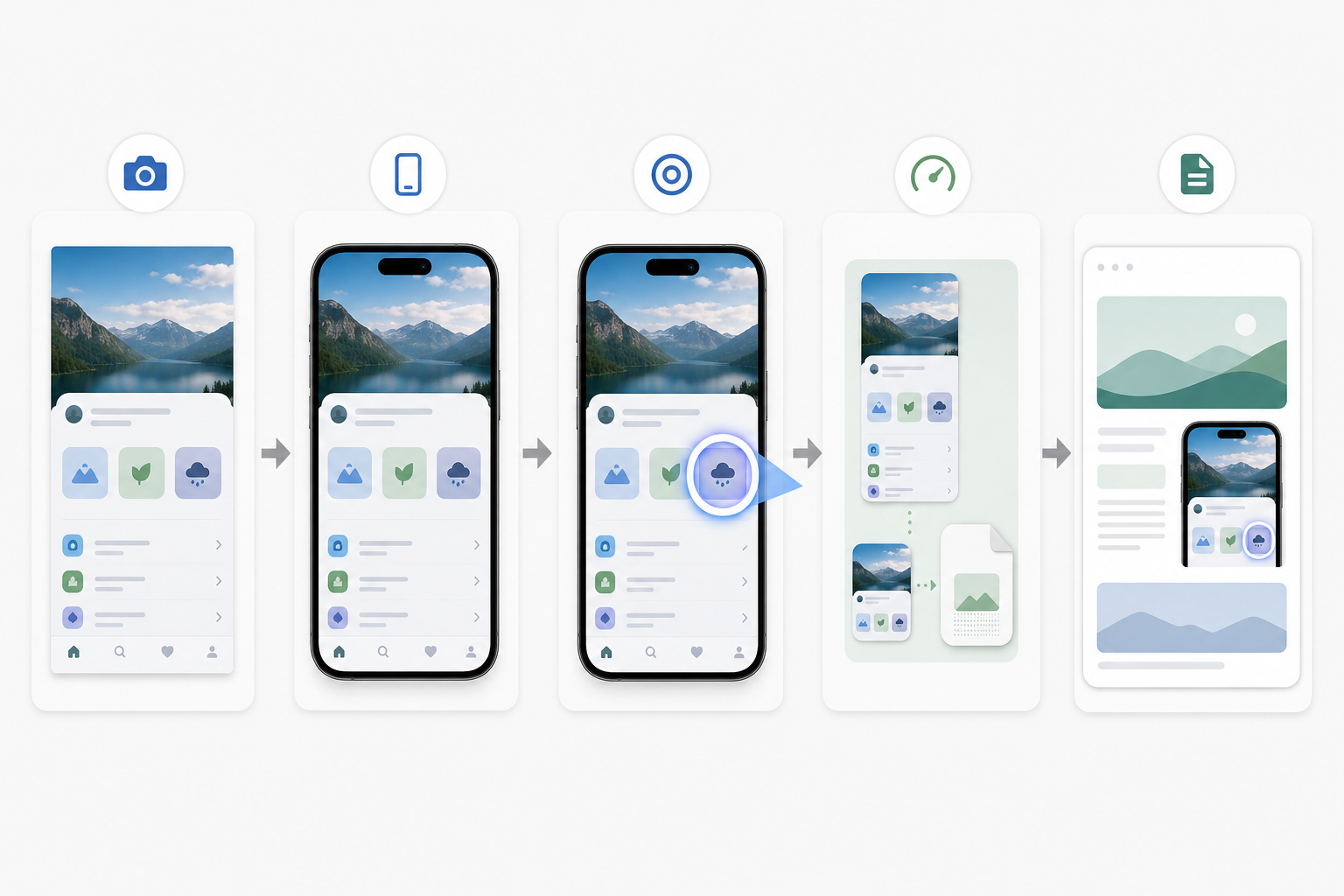 A visual workflow showing raw app screenshot, cropped mobile frame, callout highlight, compressed export, and final release note preview