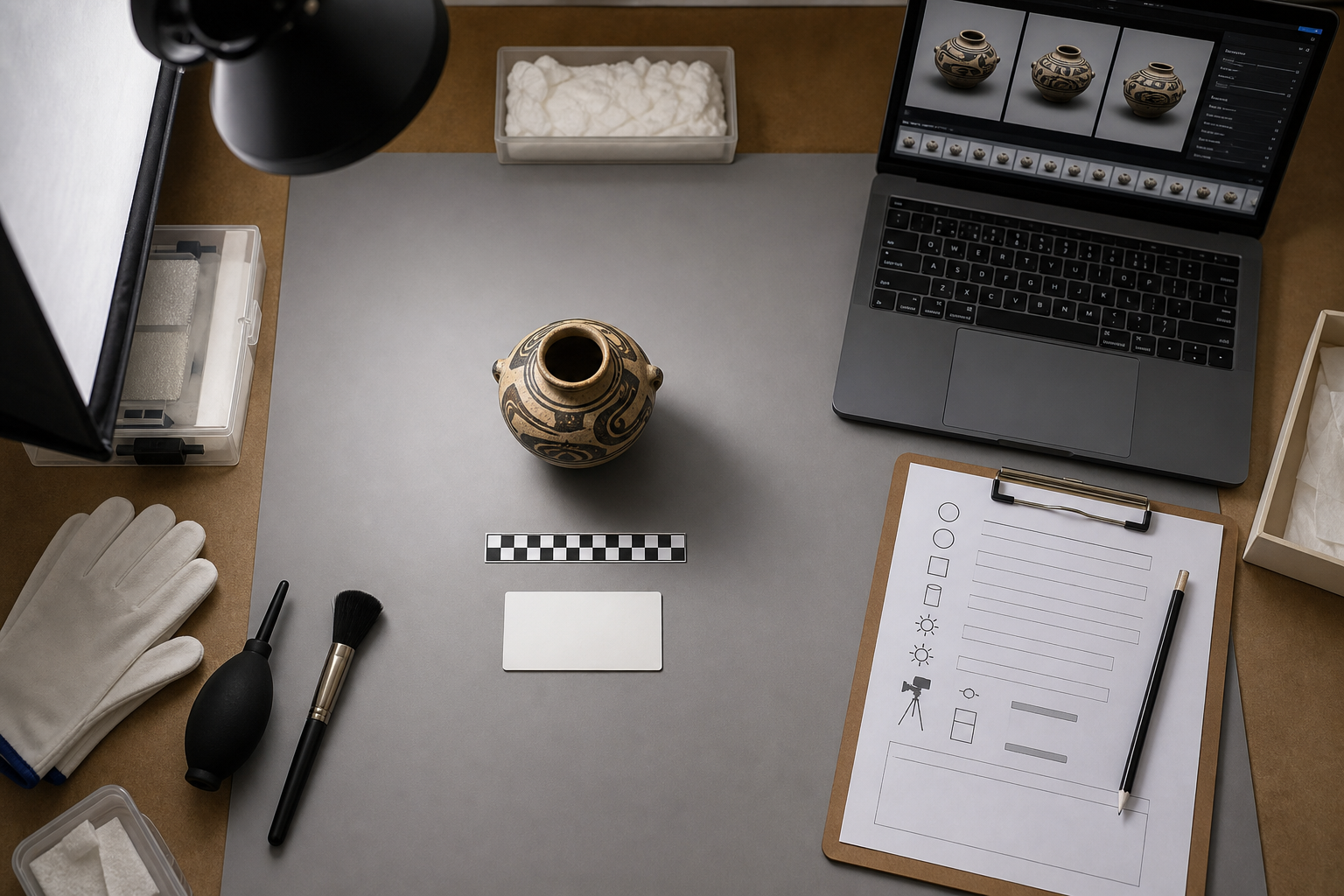 Overhead view of a small artifact photography setup with object, scale ruler, label card, and laptop