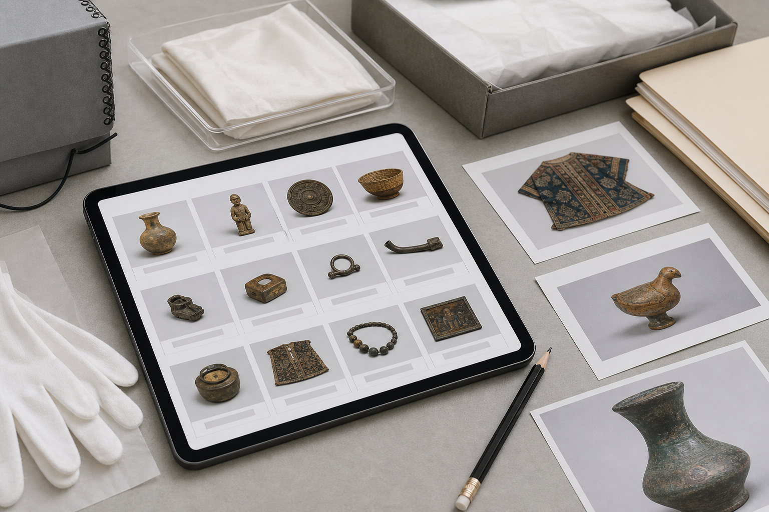 A clean PDF contact sheet layout displayed on a tablet beside archival object photos
