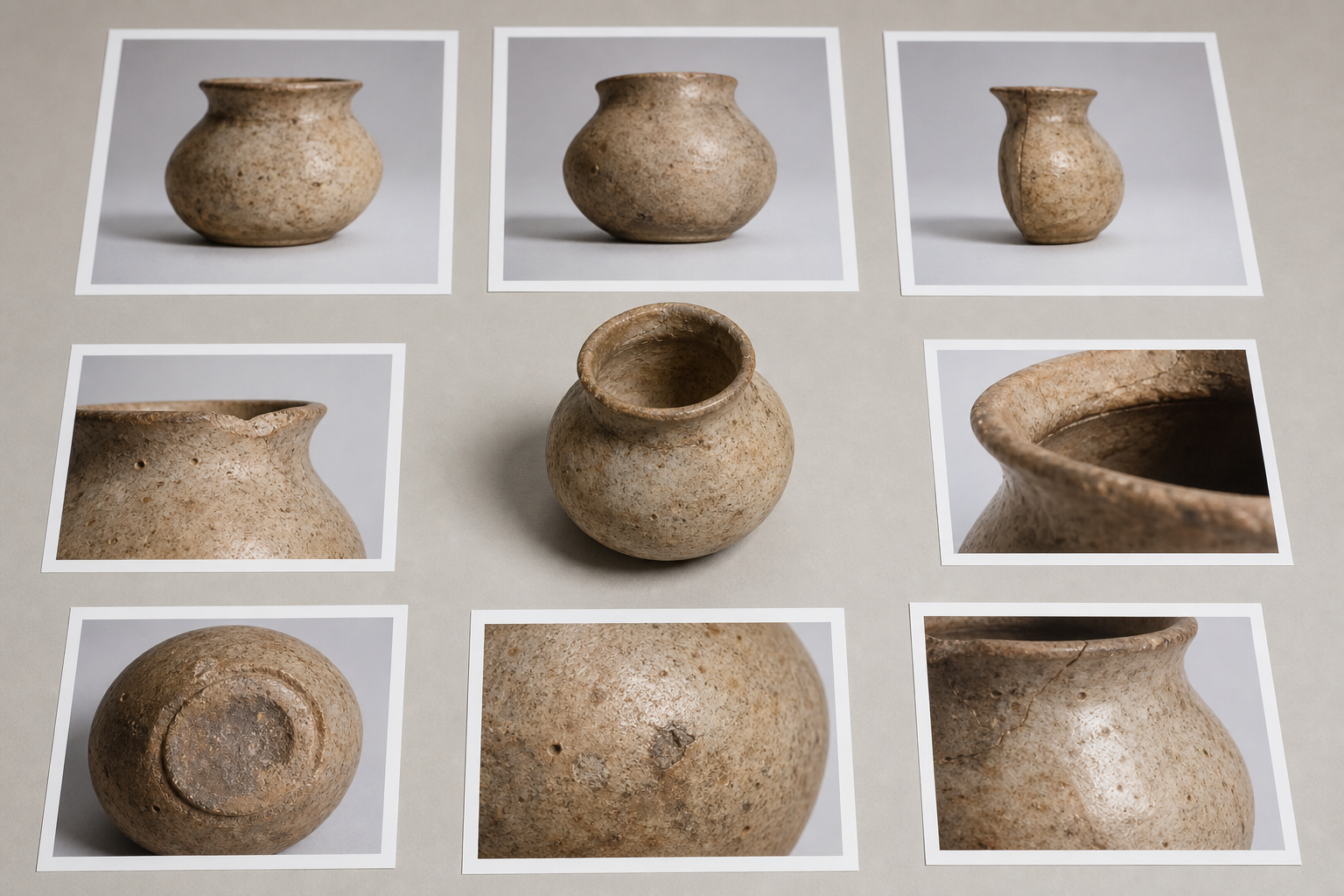 Museum object photographed from multiple angles with detail closeups arranged on a neutral table