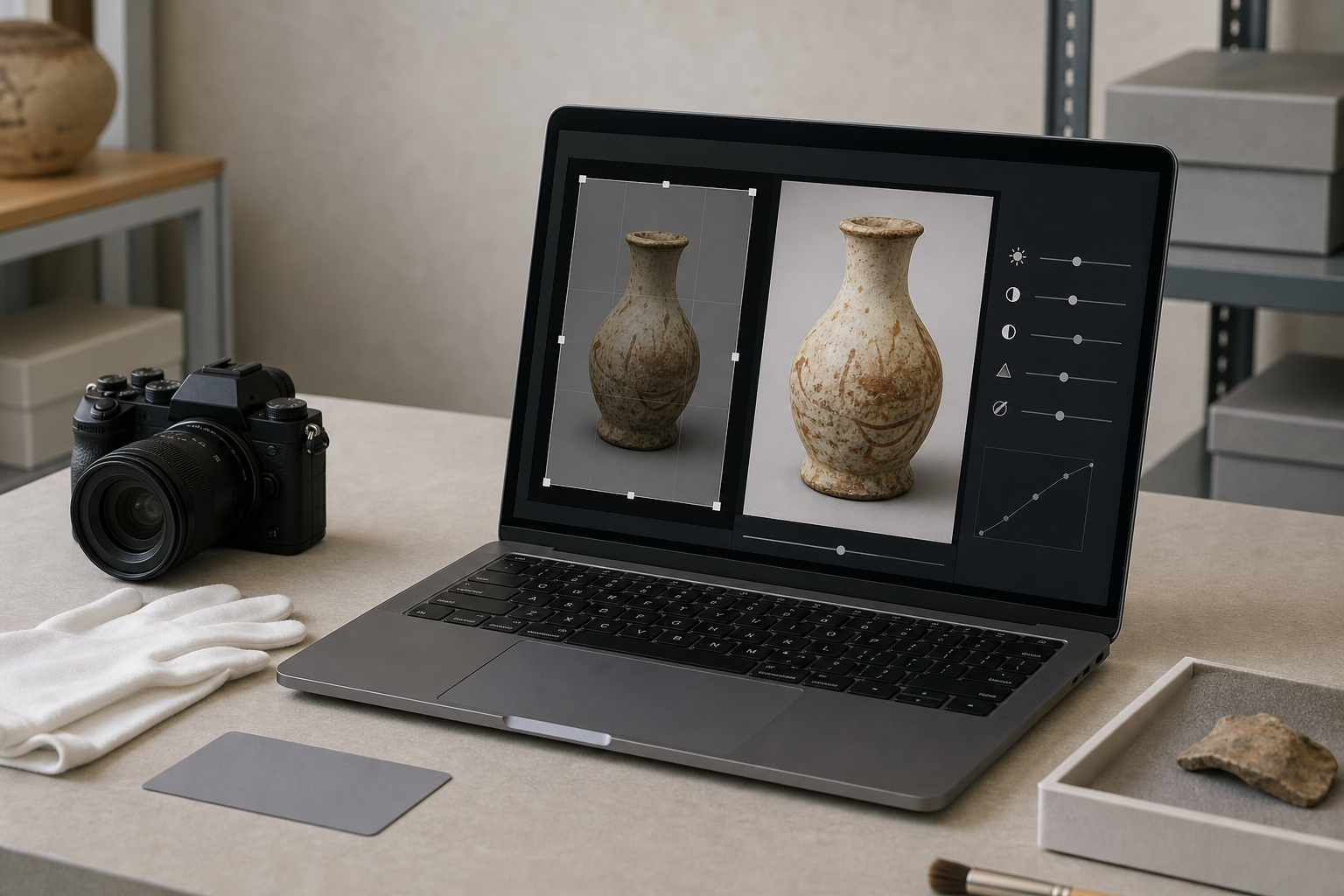 Before and after museum object photos being reviewed on a laptop with brightness and crop adjustments