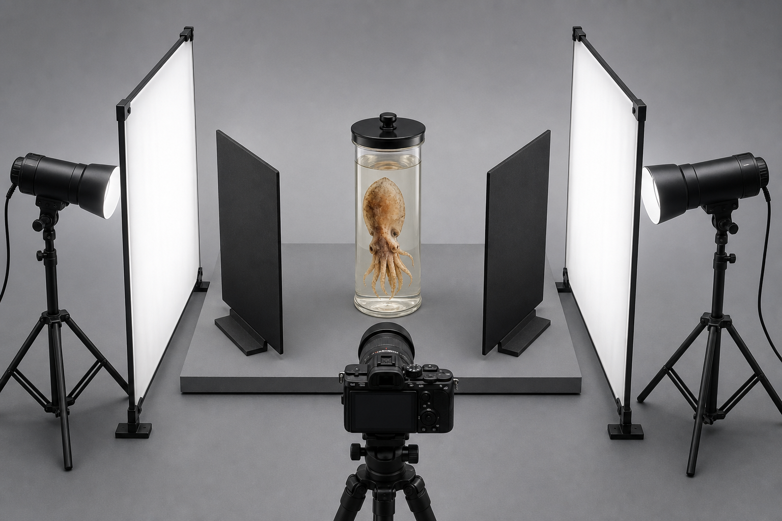 Diagrammatic view of a specimen jar photography station with two side lights, diffusion panels, a tripod-mounted camera, and a neutral background