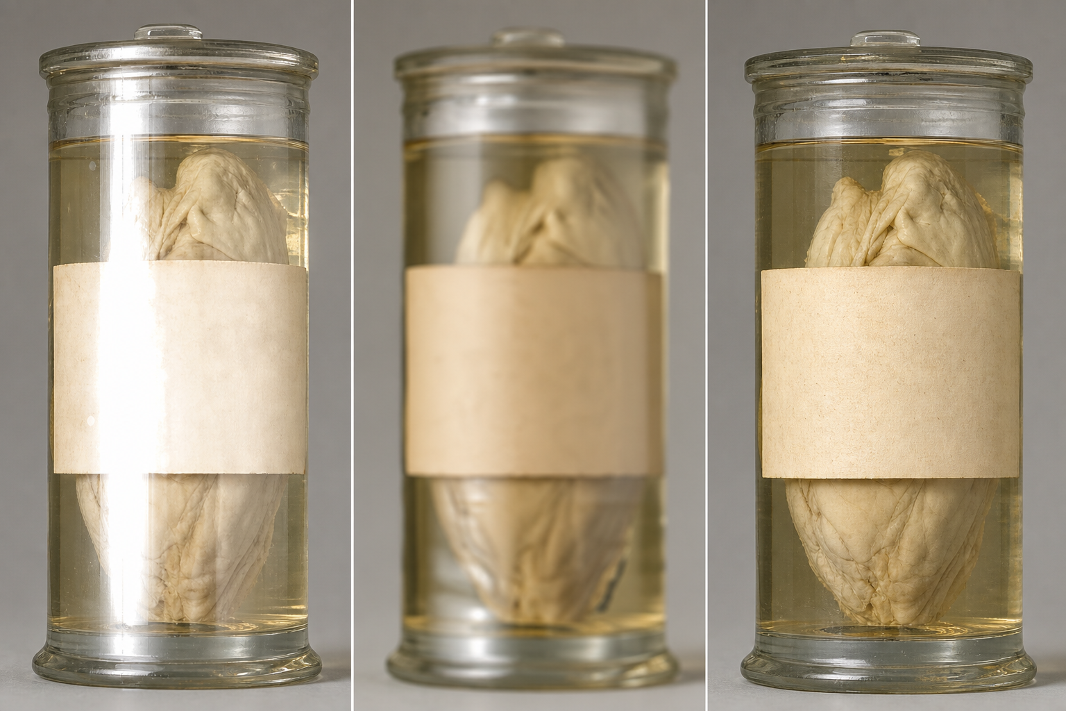 Comparison of three photographs showing how focus, glare, and liquid distortion affect the visibility of a curved specimen jar label