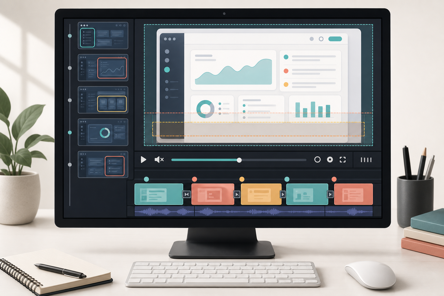 Storyboard-style view of a product demo video with subtitle safe areas and interface focus points
