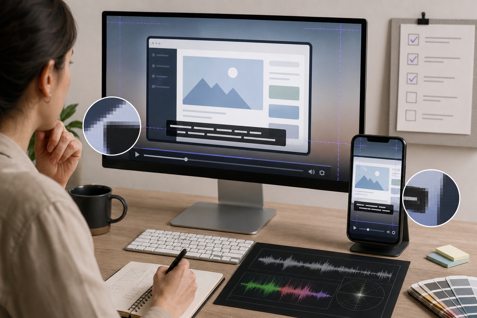 Designer checking a short demo video on desktop and mobile screens before publishing