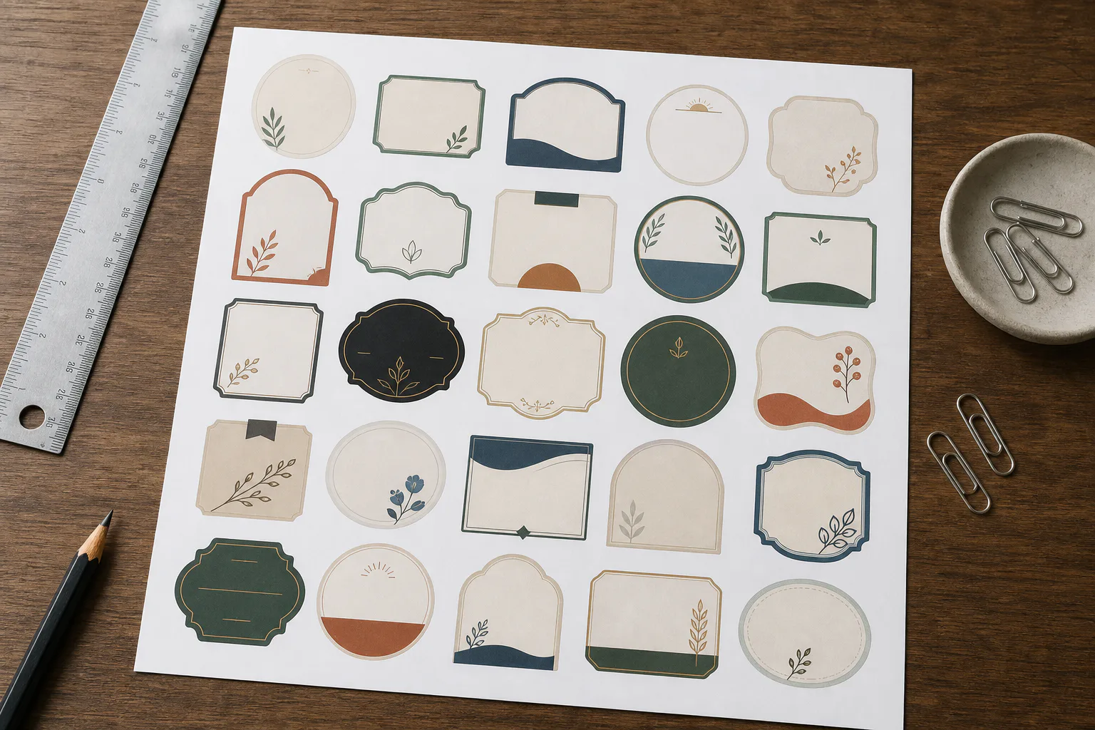 A desk view showing multiple small product labels arranged on one proof sheet for review