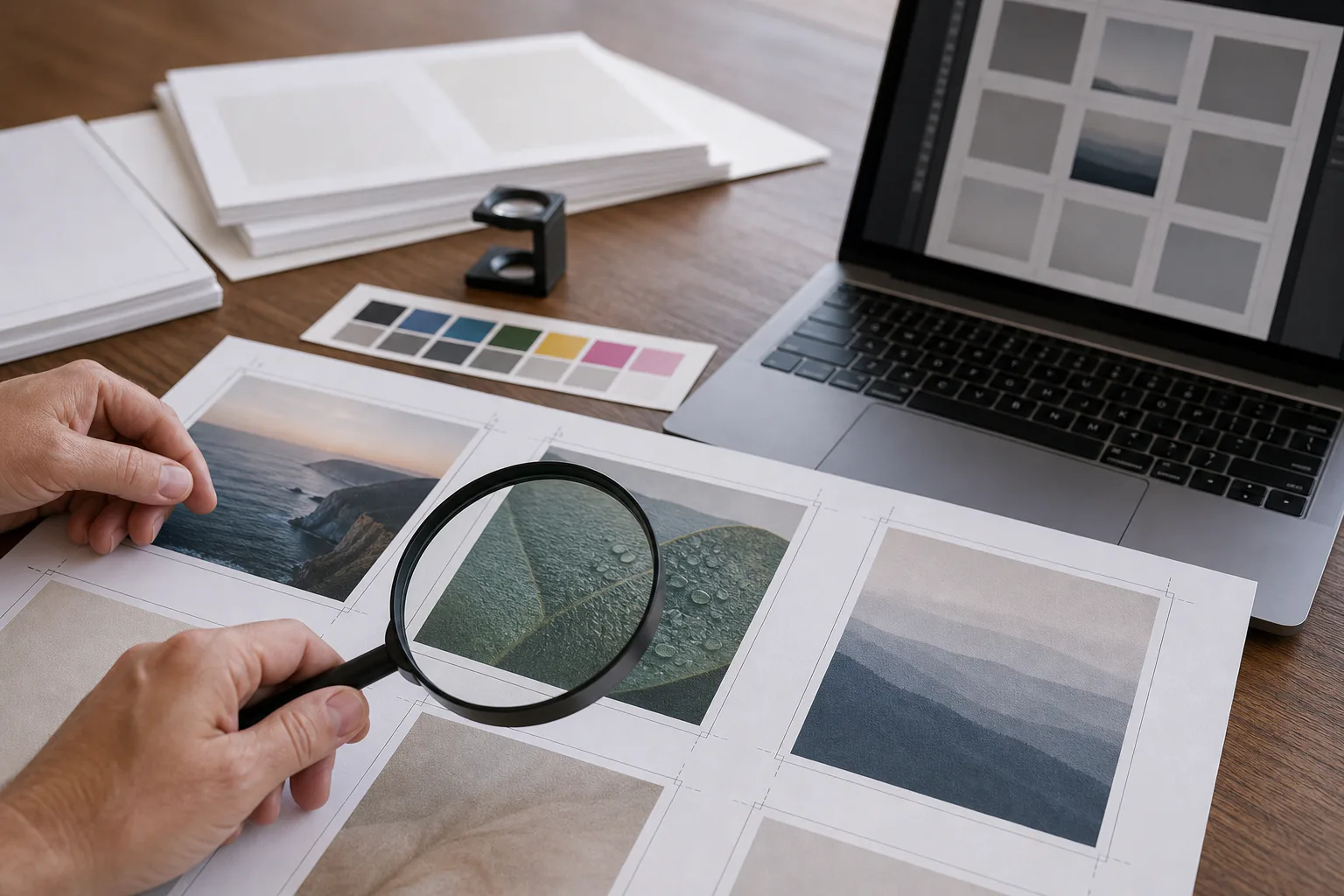 A close-up of print assets being checked for size, margins, and image quality before PDF assembly