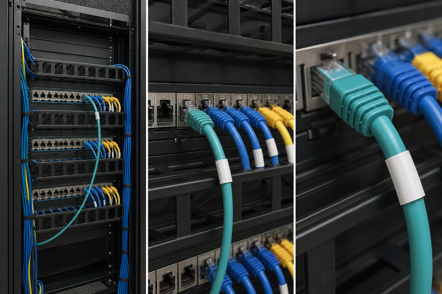 Three complementary camera views used to document a network rack patch connection