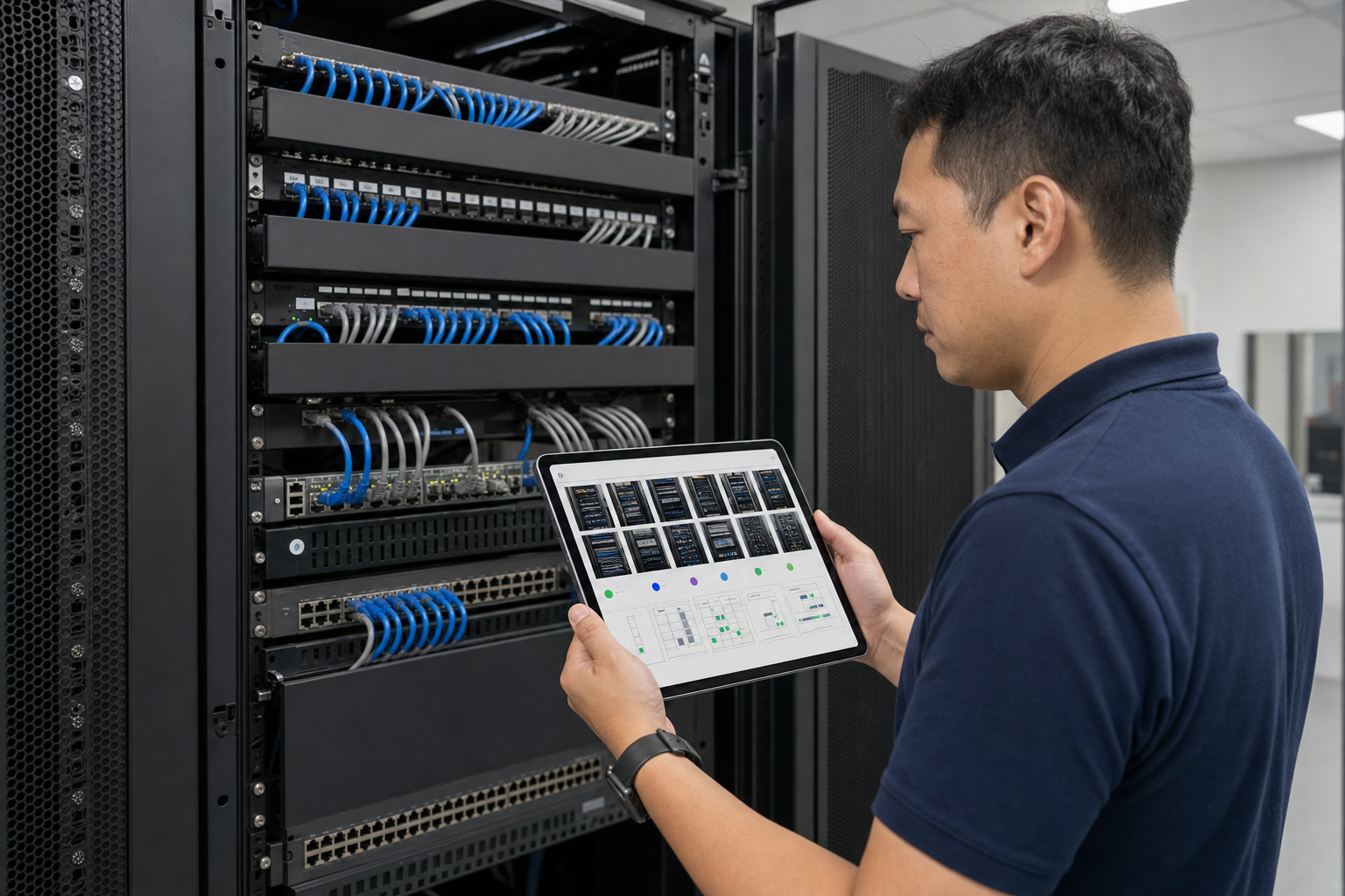 Technician reviewing an organized network rack photo packet on a tablet beside a patch cabinet