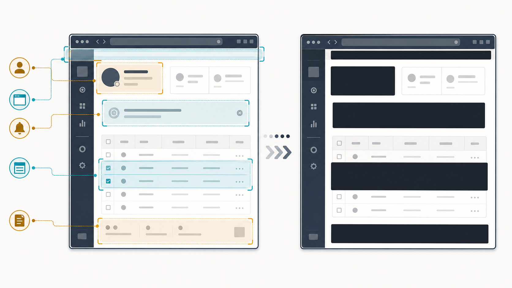Layered redaction review showing sensitive regions around an application screenshot