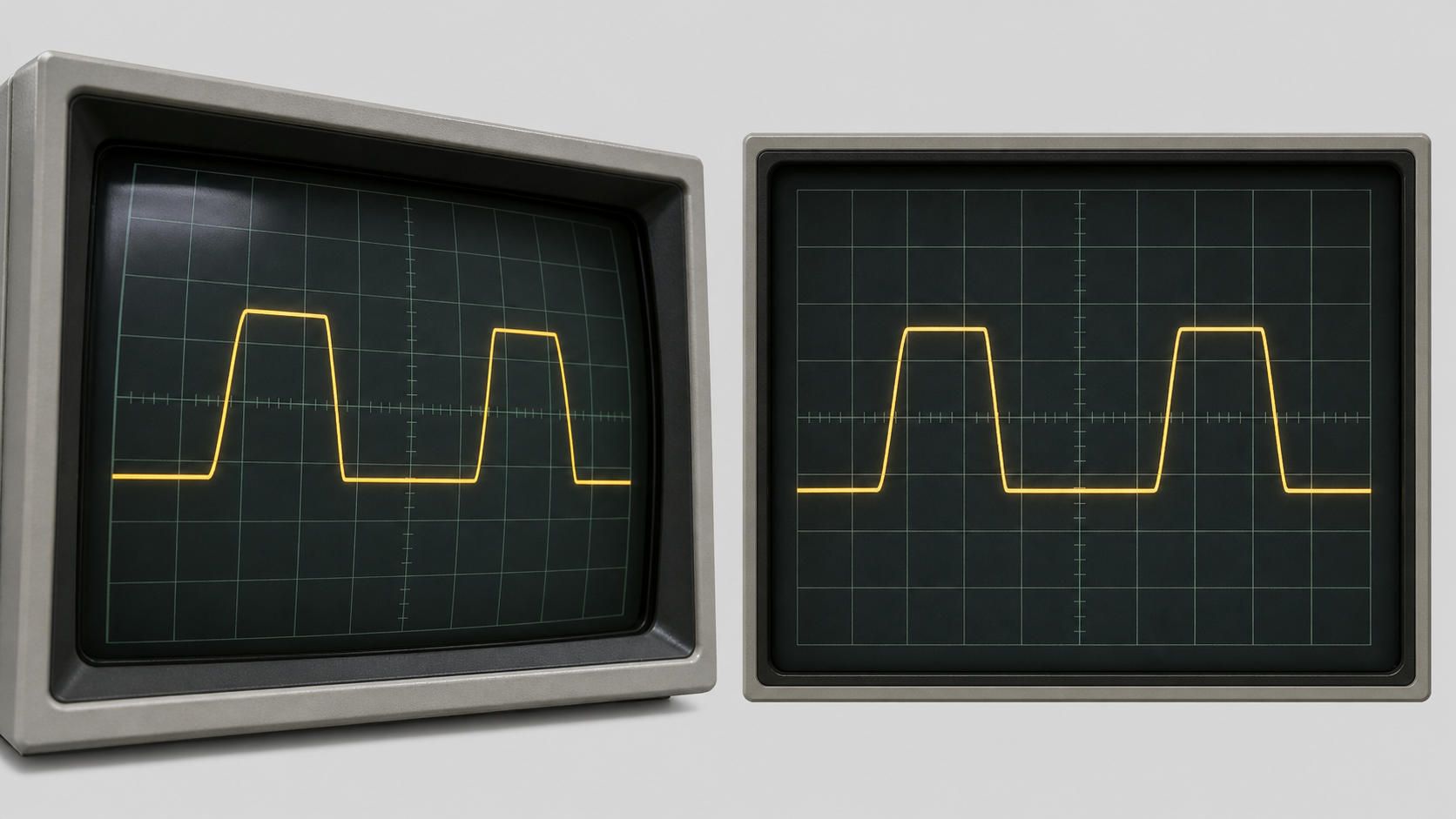 Comparison of a skewed oscilloscope screen photo and a perspective-corrected version