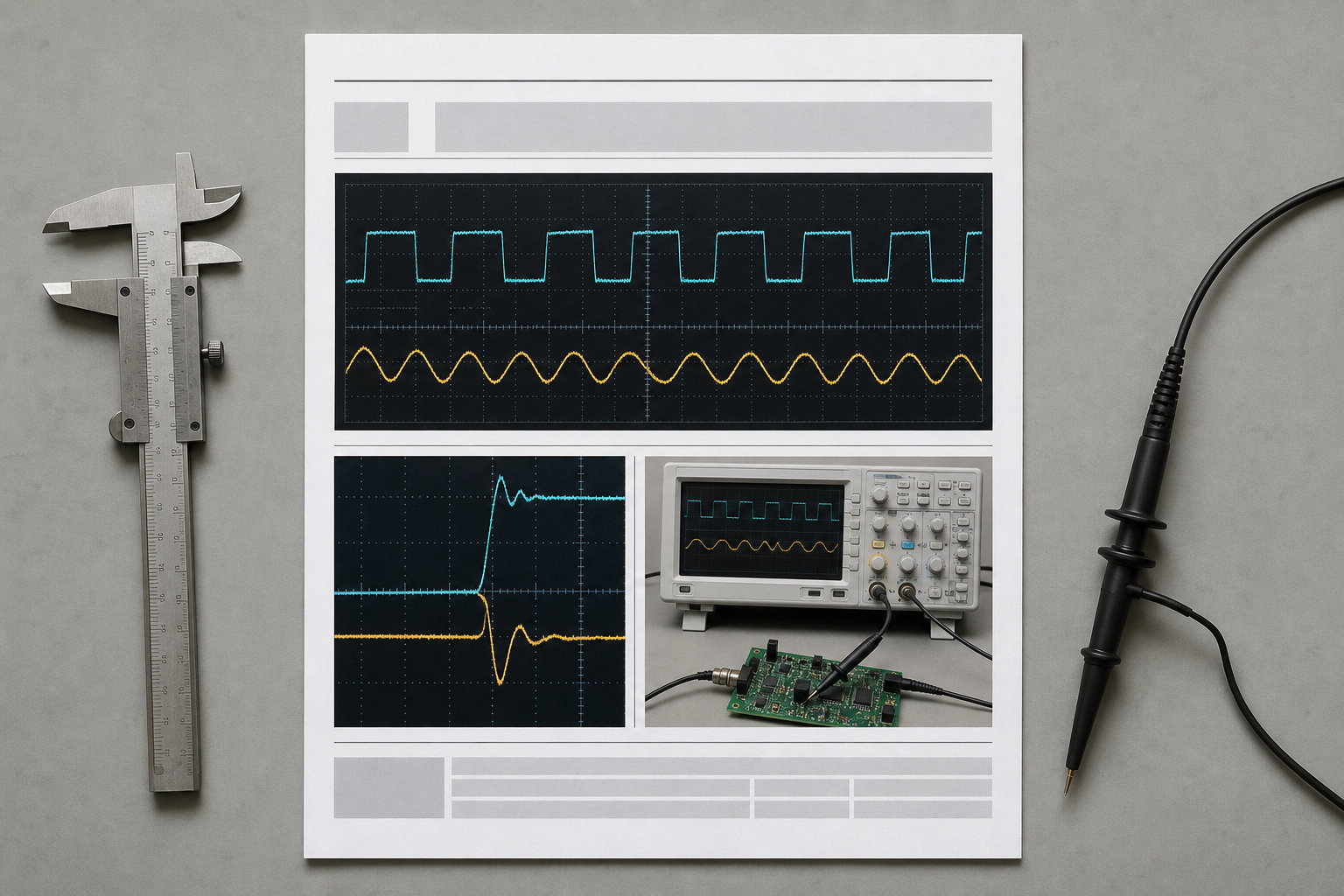 Organized service report page containing oscilloscope screen photos and equipment context images