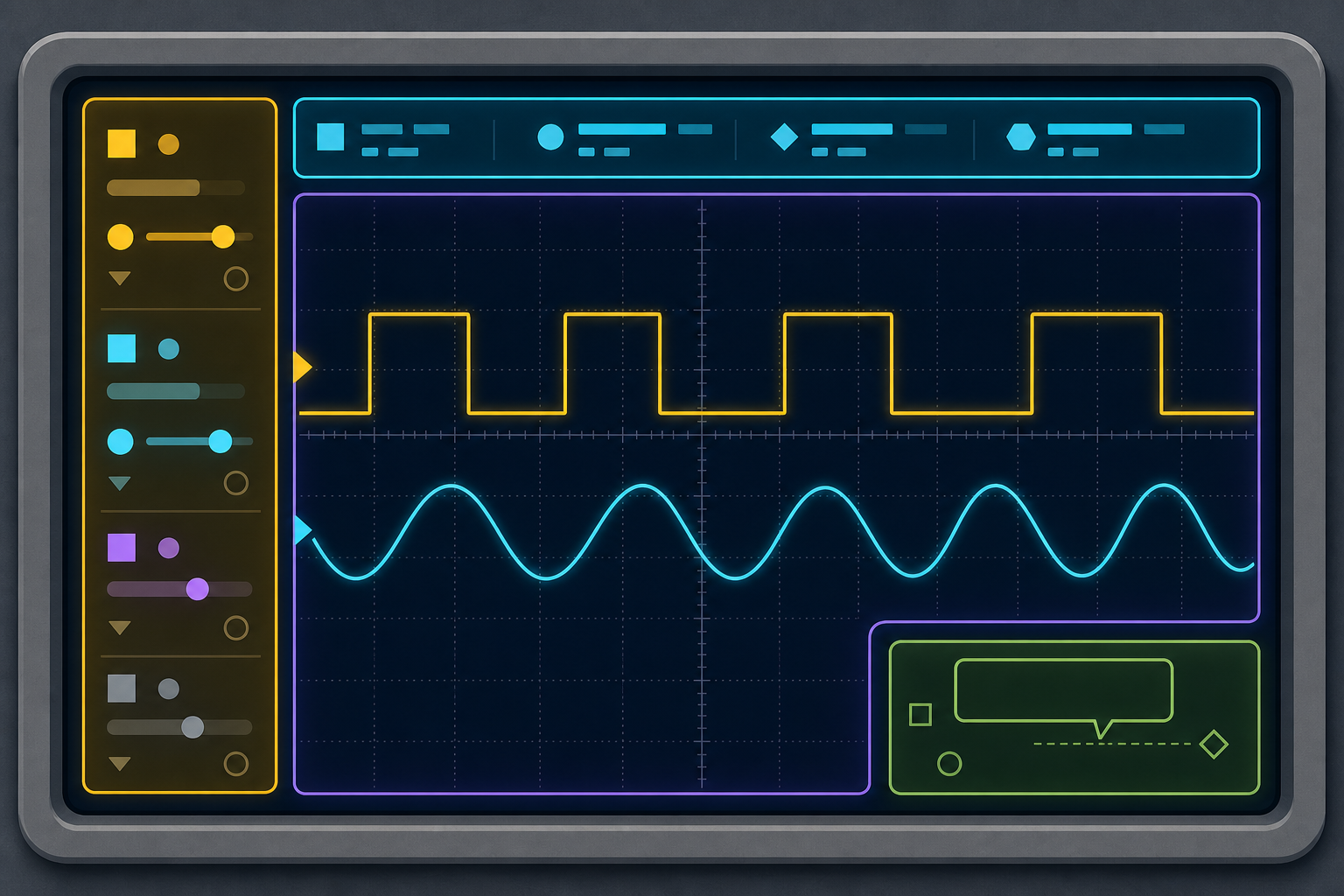 Diagram-style oscilloscope screen divided into measurement, channel, annotation, and waveform regions