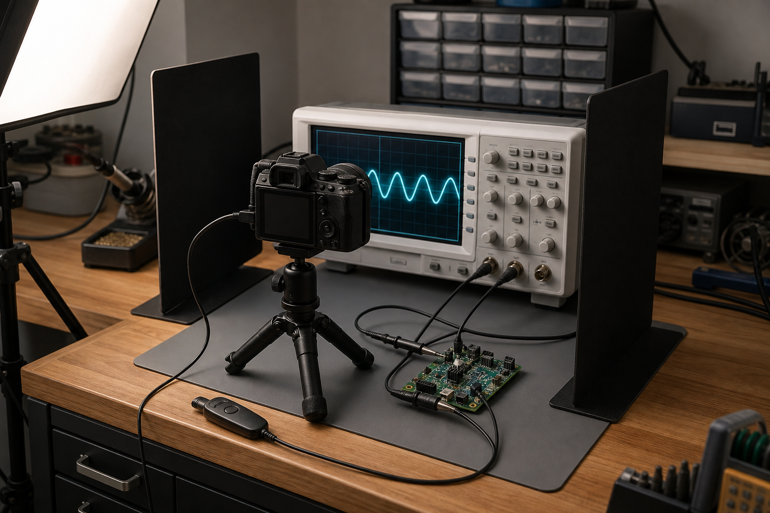 Bench setup for capturing oscilloscope screens with a camera aligned square to the display