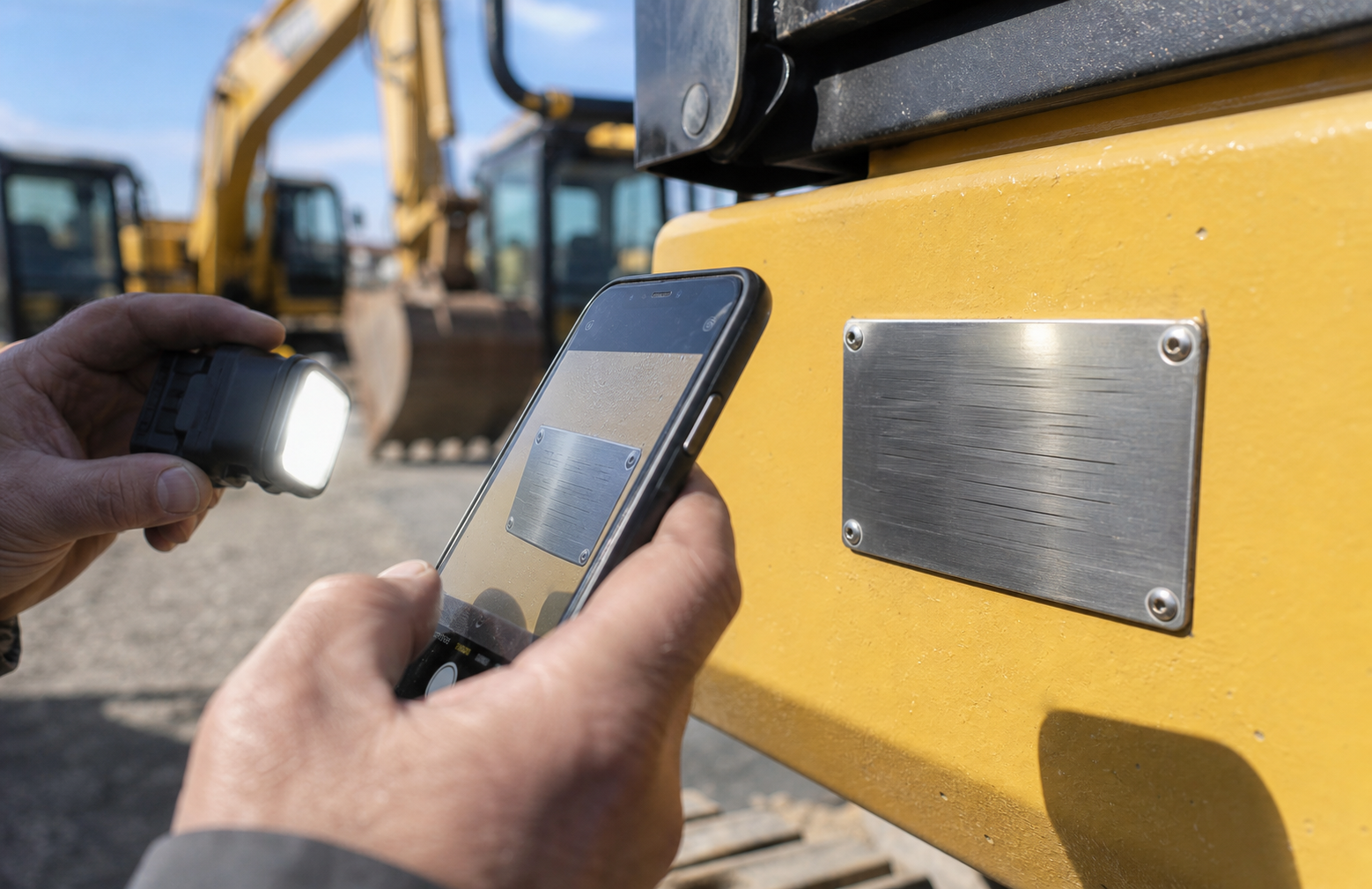 Technician photographing a metal equipment serial plate with glare controlled by angled lighting
