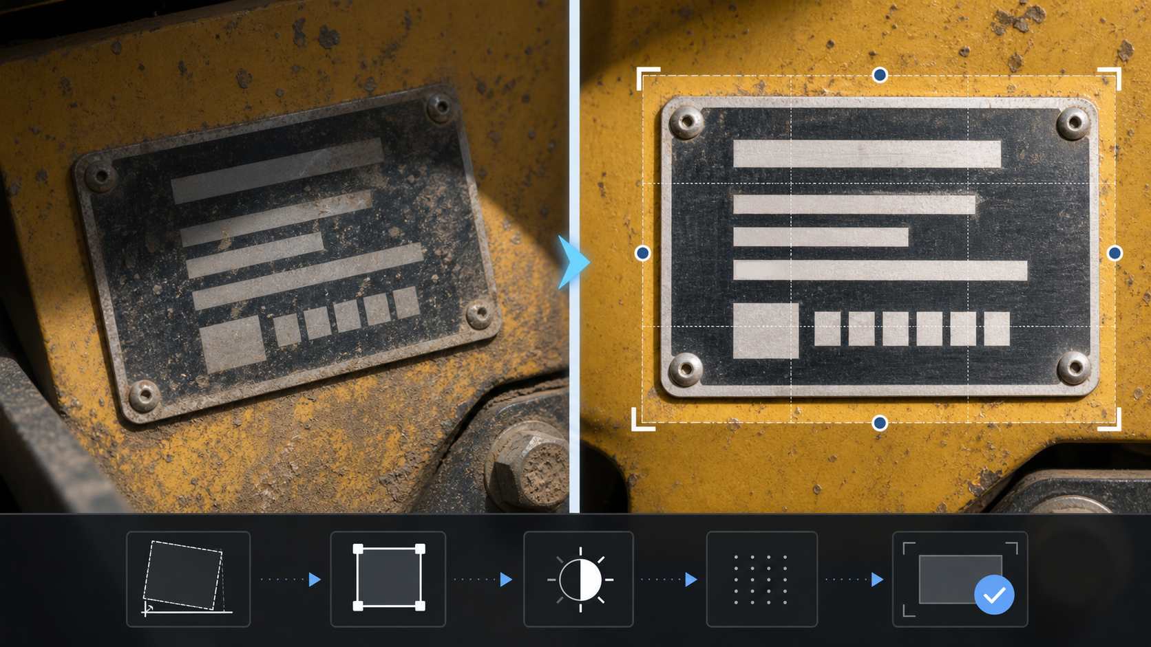 Before and after comparison of a cleaned equipment plate photo prepared for OCR