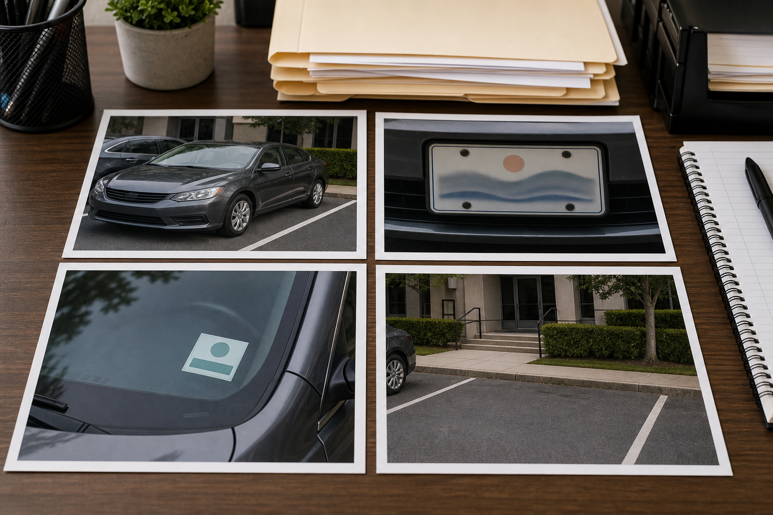 A structured set of vehicle evidence photos showing wide vehicle view, license plate, parking permit, and location context