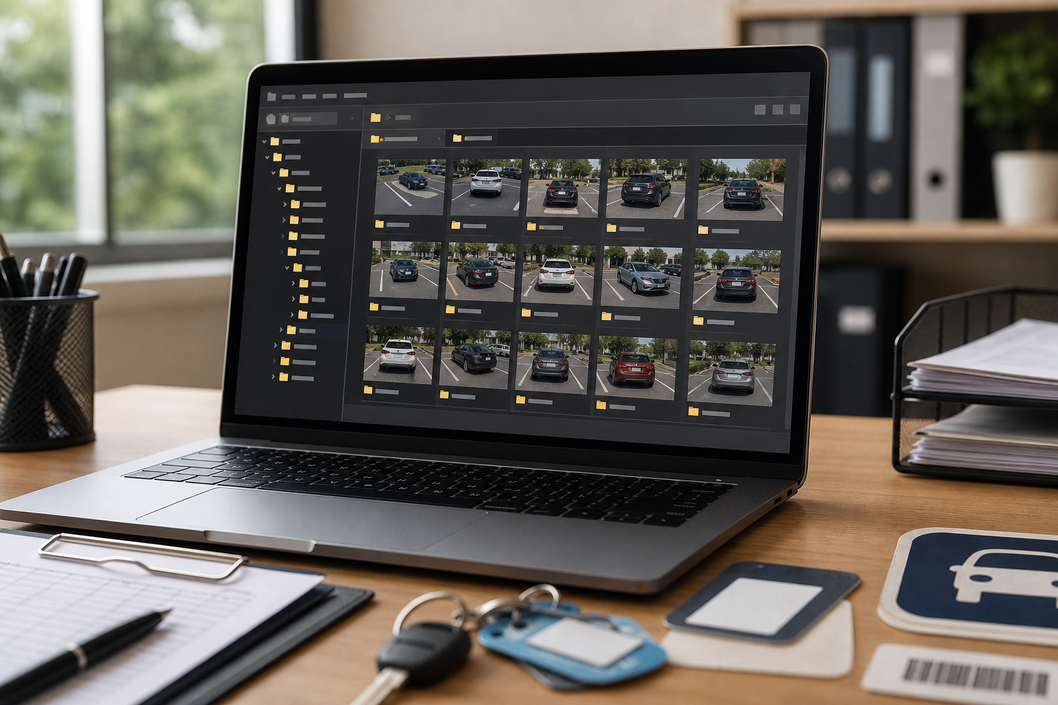 Renamed parking evidence image files arranged by date, vehicle, and case number on a computer screen