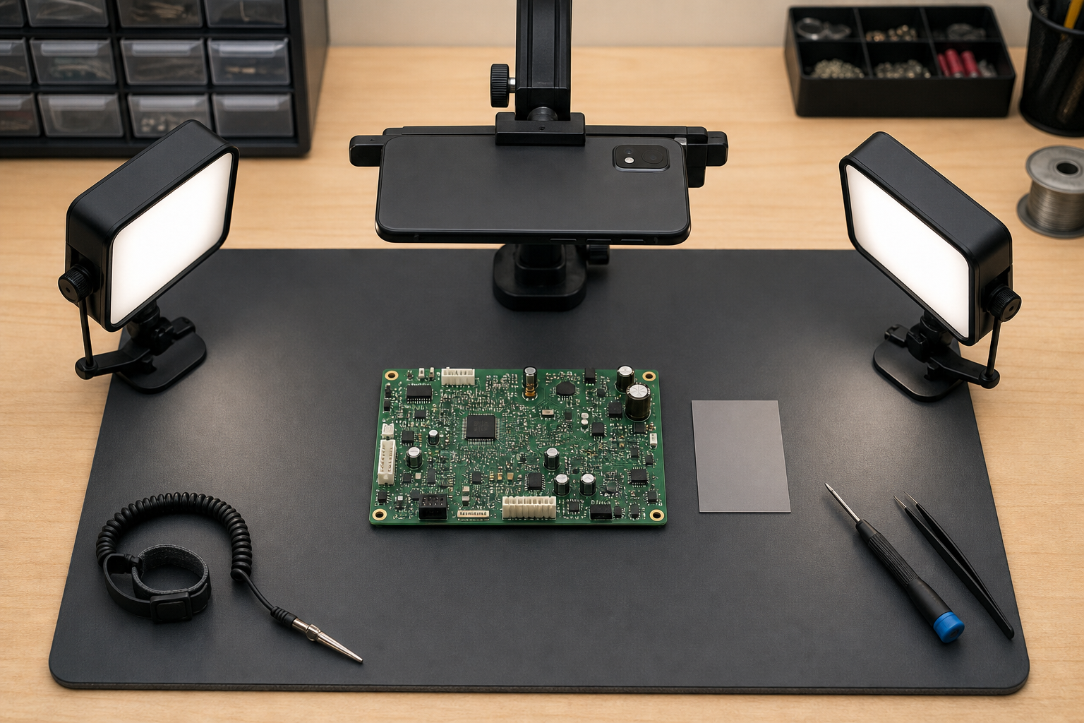 Overhead PCB photography station with diffused lights positioned on opposite sides of a circuit board