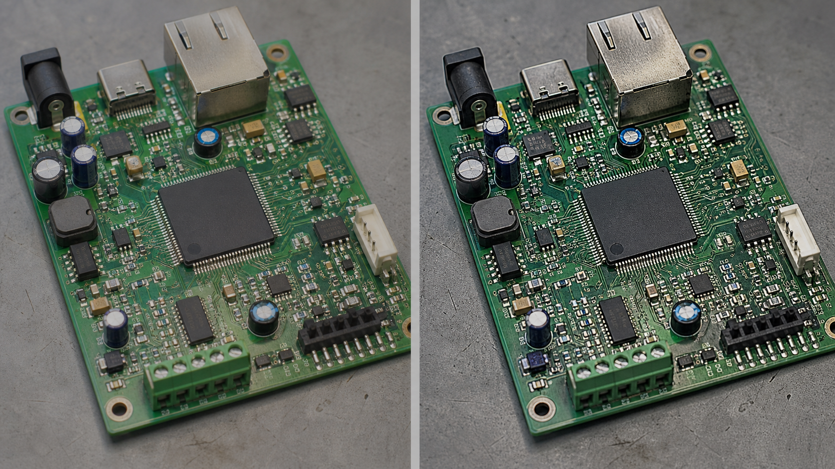 Side-by-side circuit board record showing a natural reference photo and a high-contrast reading copy