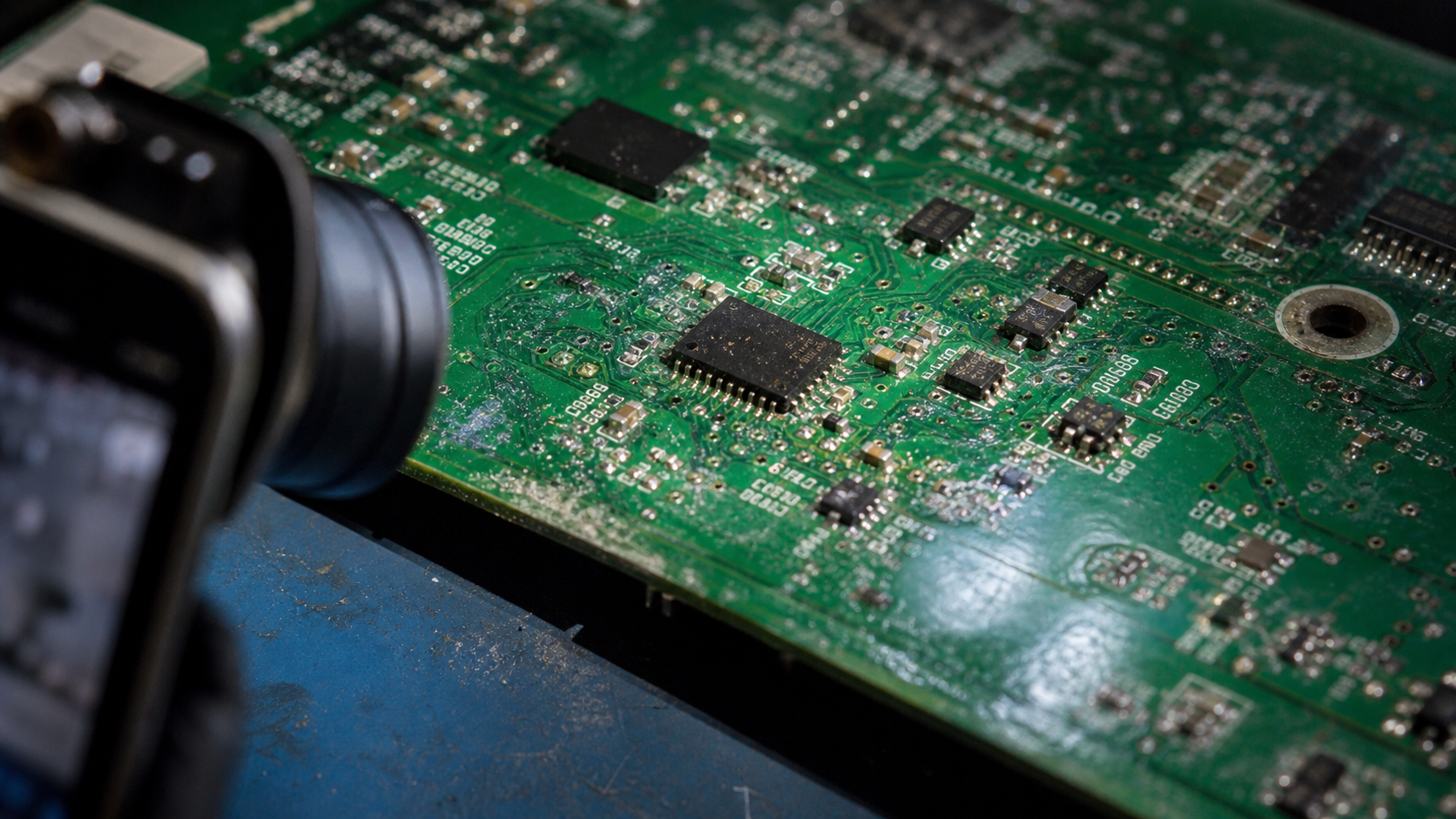 Close-up of a circuit board with tiny component markings, glare, and shadow areas that make OCR difficult