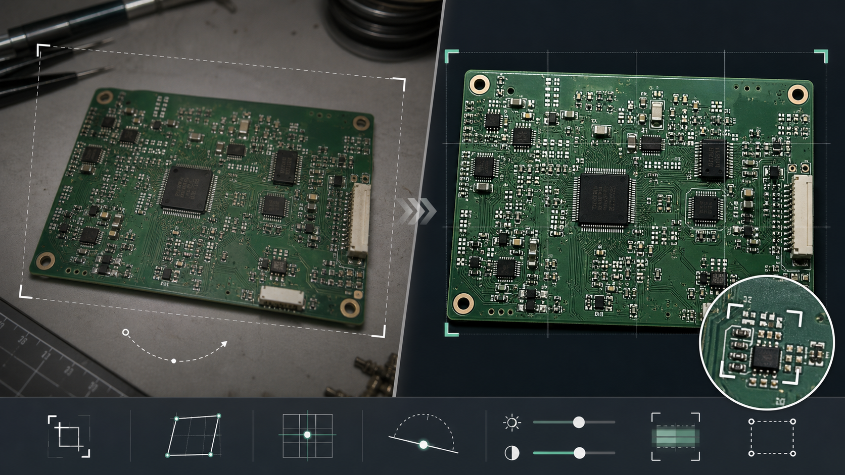 Before and after style view of a circuit board photo being cropped, straightened, and prepared for OCR