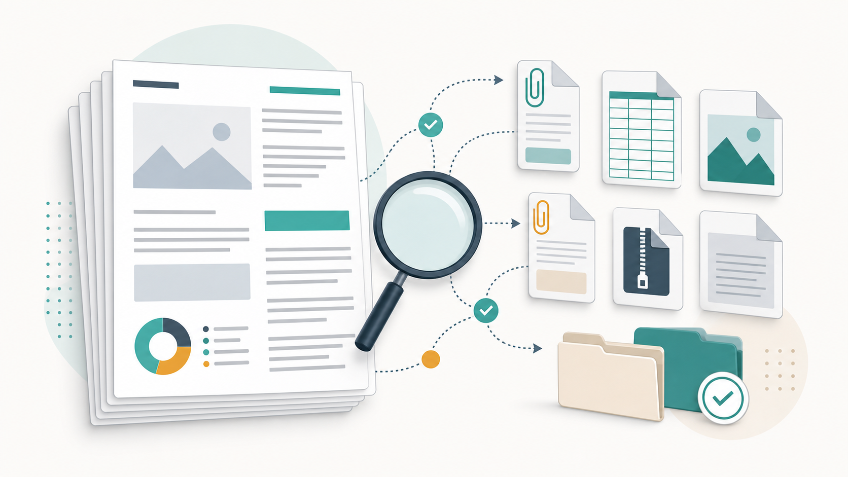 Diagram-like scene of a PDF file with visible pages and hidden attachment thumbnails beside it