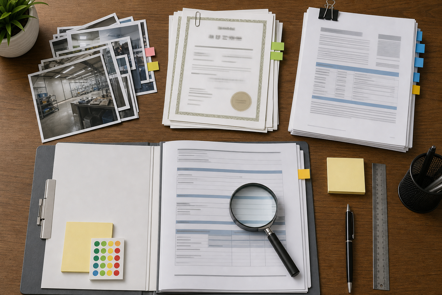 Organized vendor review packet with images, scanned pages, and merged PDF sections on a desk