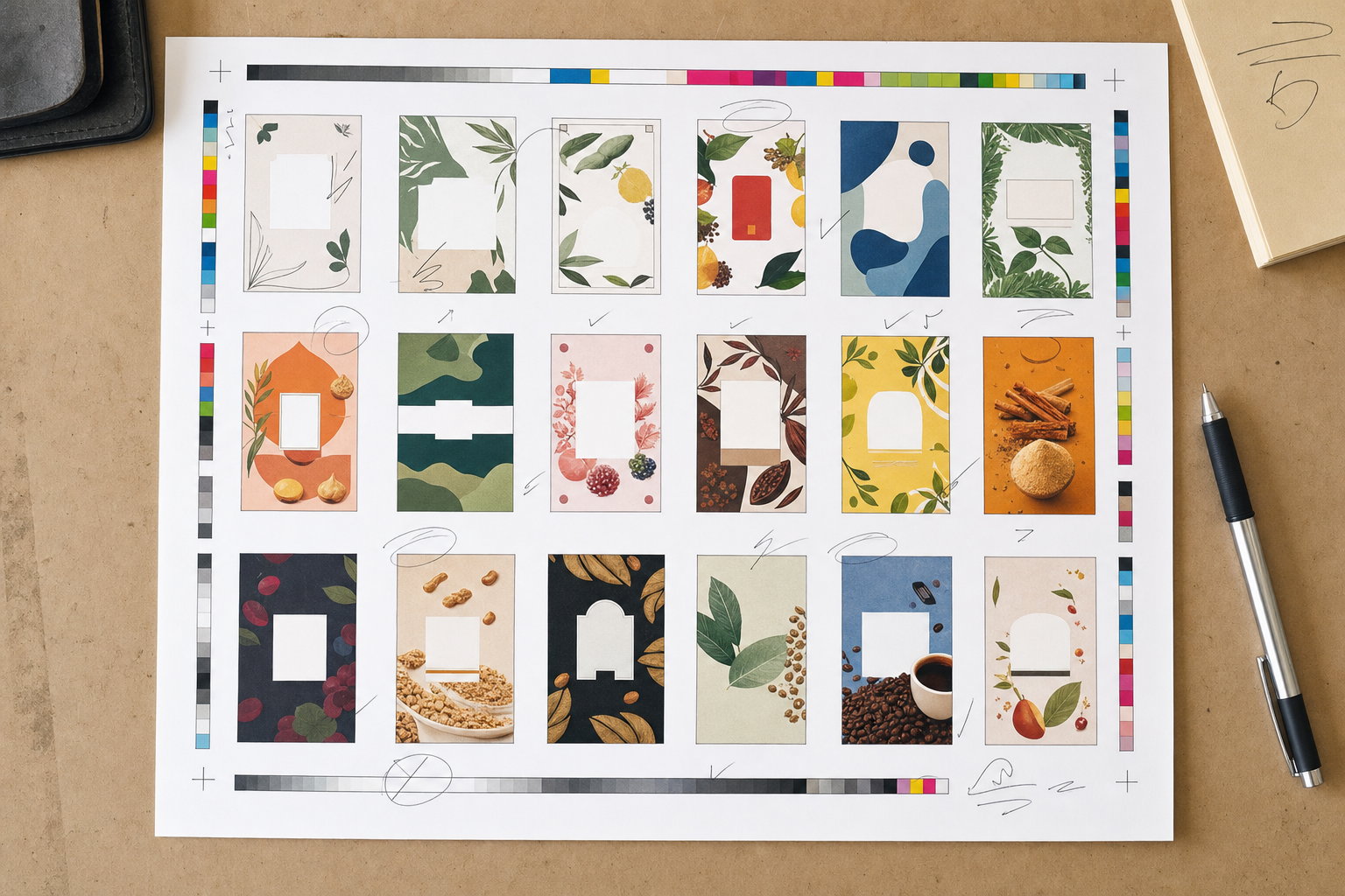Several small packaging designs arranged in a grid on a printed proof sheet with margin notes