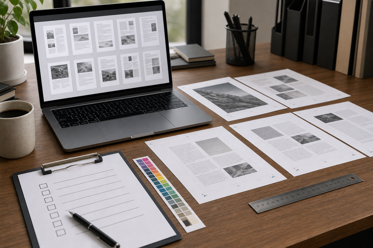 Laptop and printed pages showing a step-by-step print proof review workspace