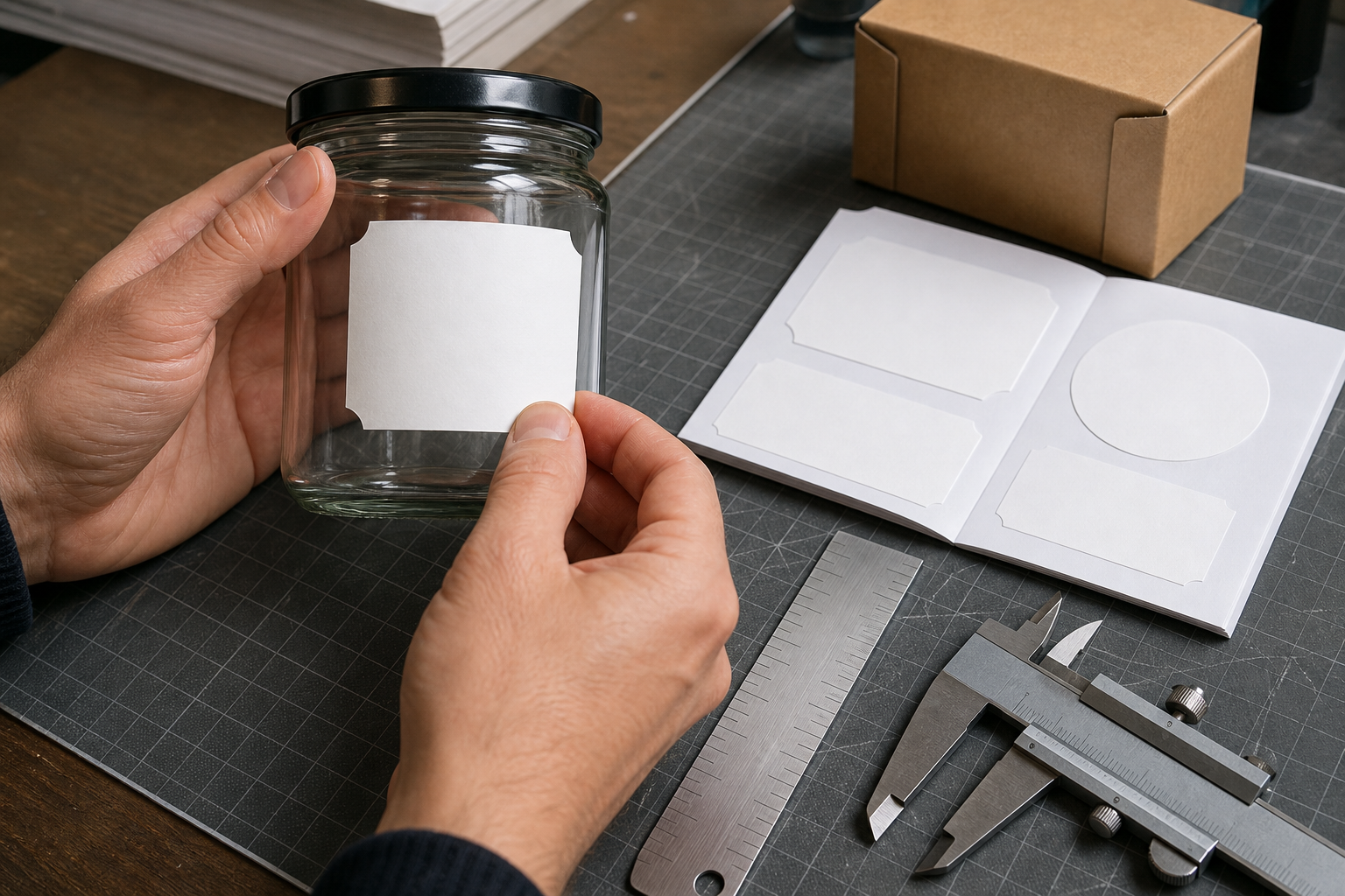 Packaging label proof sheet being checked against a jar with a ruler and paper cutout