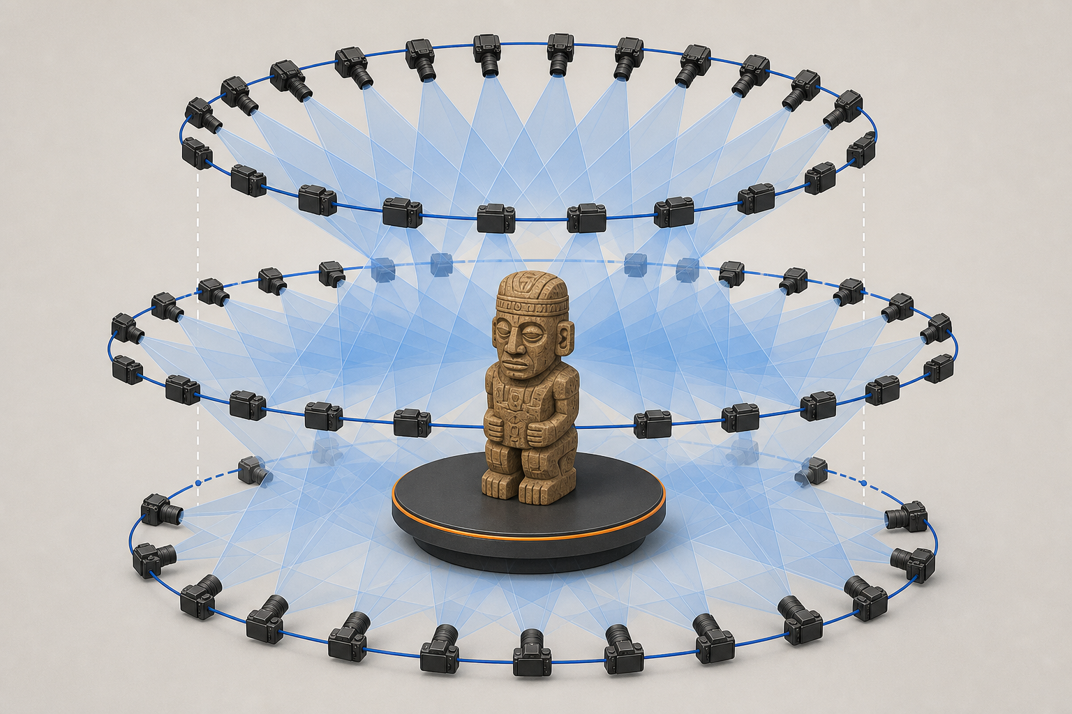 Overlapping camera positions around a small object on a turntable