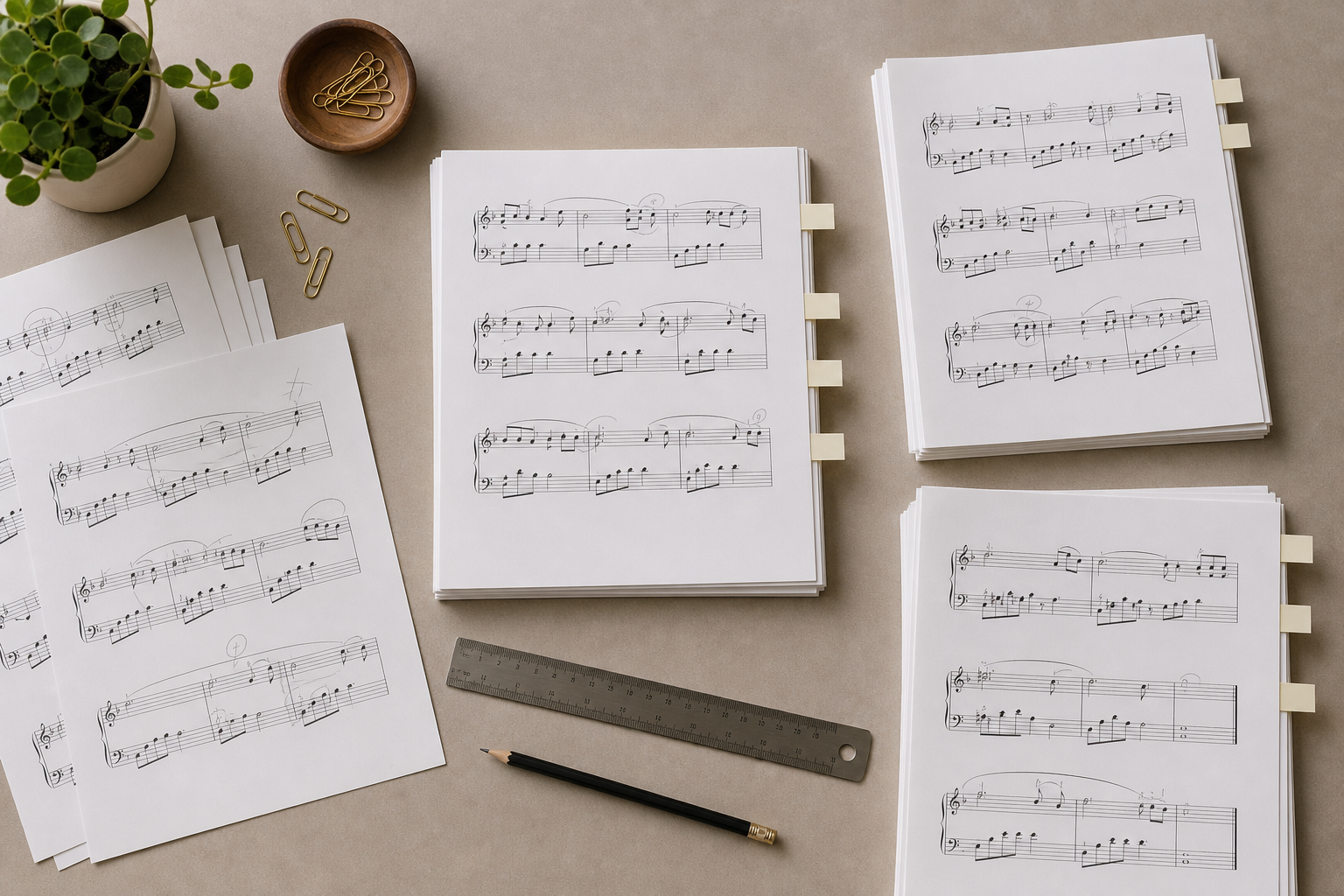 Overhead view of sorted piano sheet music pages with page corners aligned and pencil markings visible
