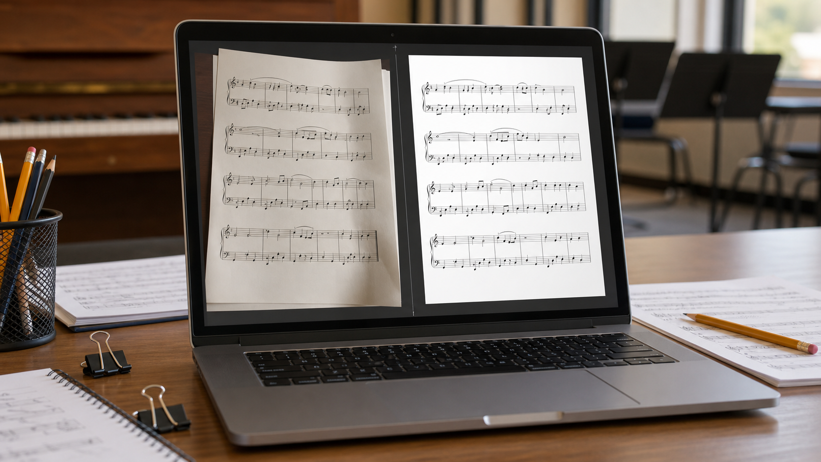 Side by side view of messy sheet music photos and corrected clean page images on a laptop