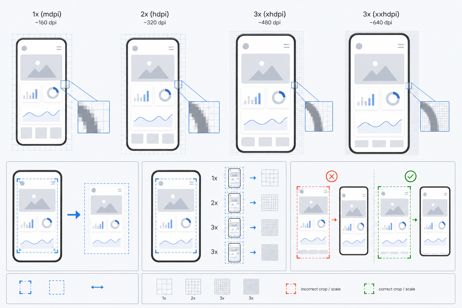 Comparison of the same app screenshot shown at different display densities and container sizes