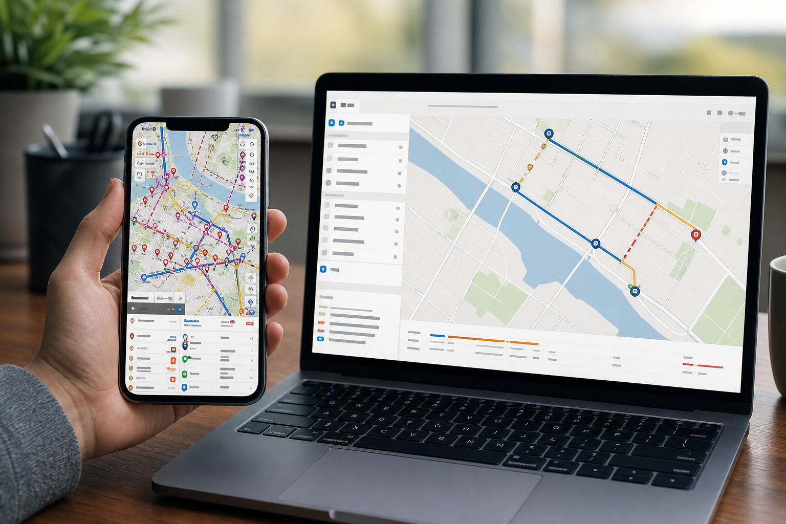 Comparison of a cluttered transit detour screenshot on a phone and a cleaned map preview on a desktop