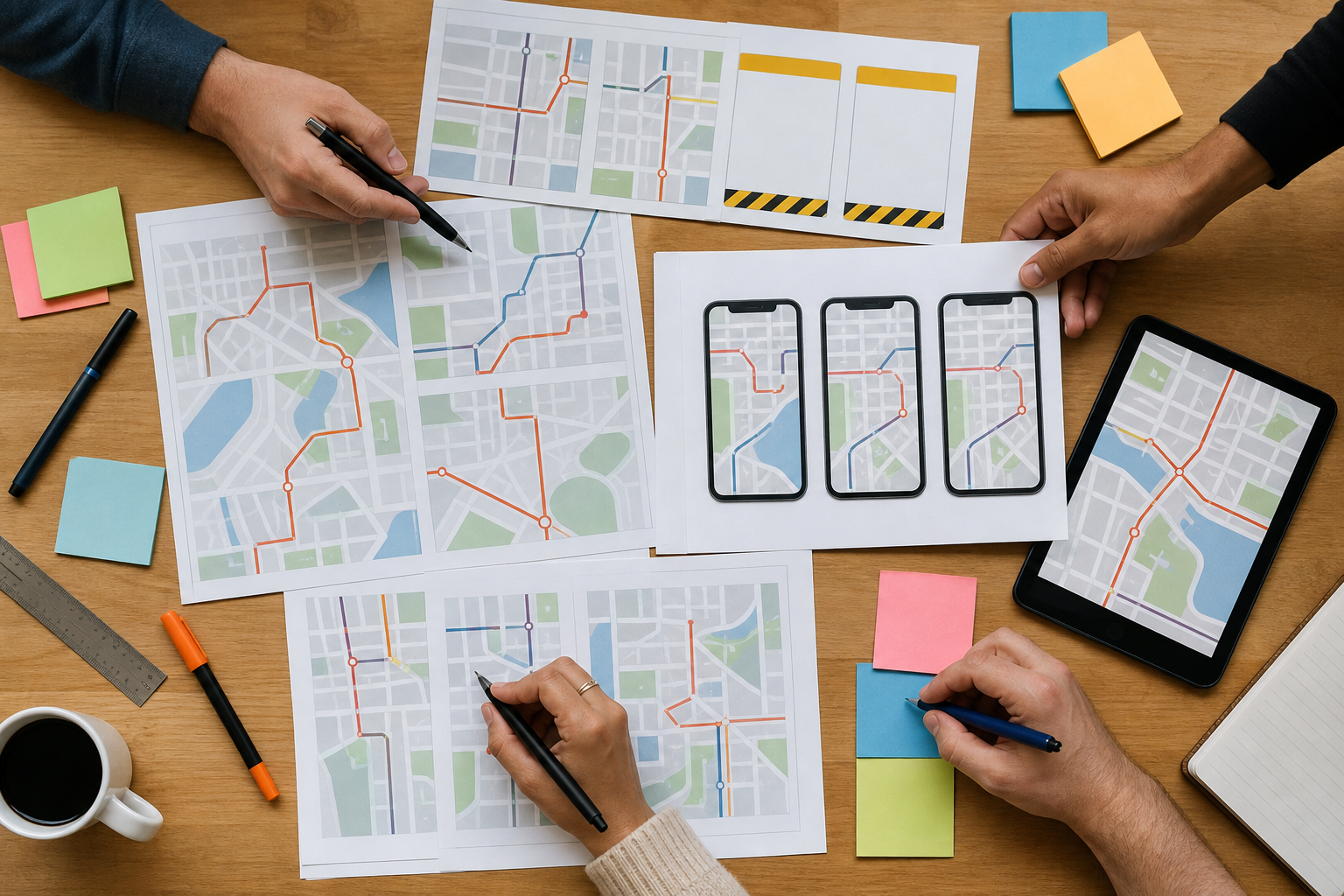 Transit communication desk with cropped map images, phone previews, and print notice layouts arranged for review