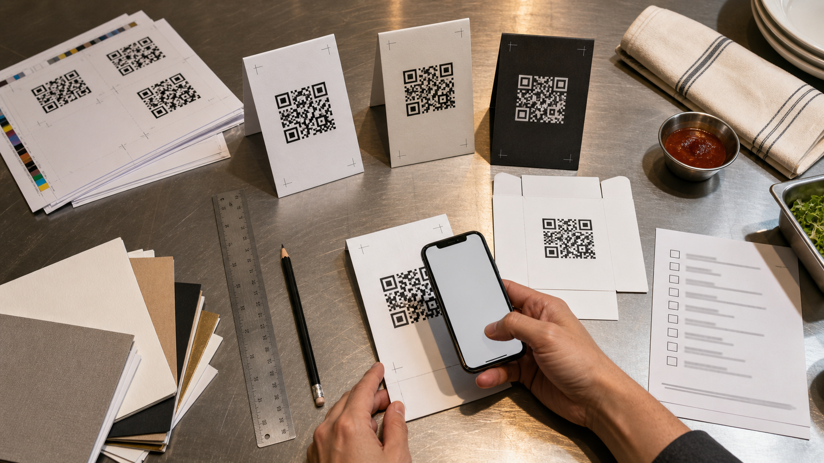 Restaurant table tent proofing checklist with QR cards, phone scan test, ruler, and print samples