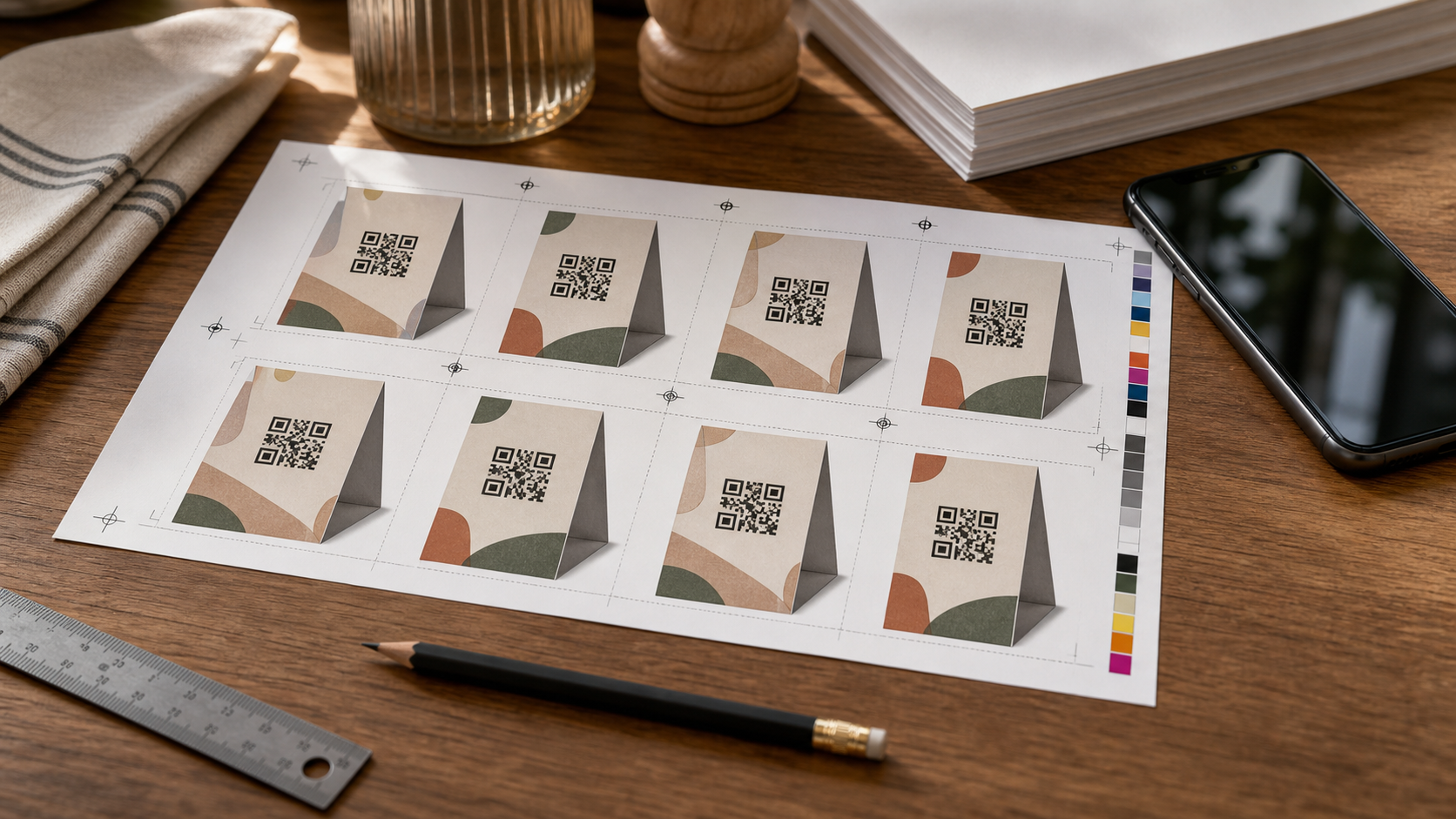 N-up restaurant QR code table tent proof sheet laid out for print review