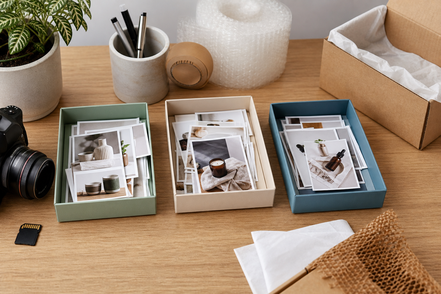 Organized product photo workflow with raw, working, and upload-ready folders on a desktop