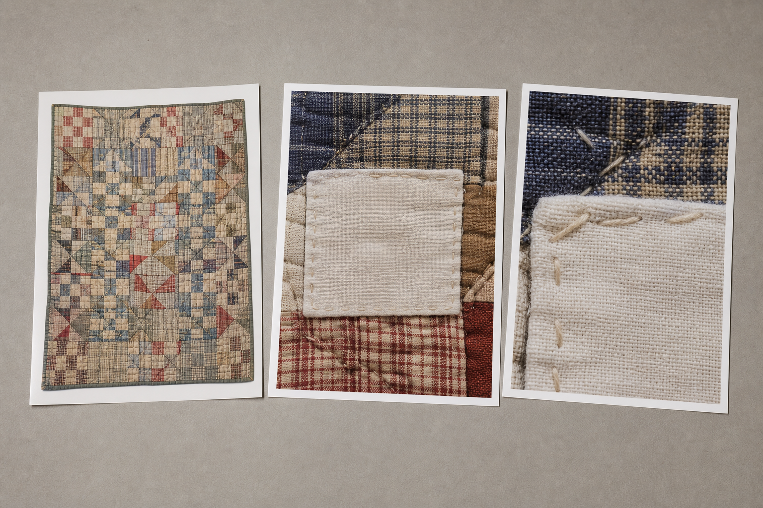 Three photographic views documenting a quilt, its full label, and the label stitching