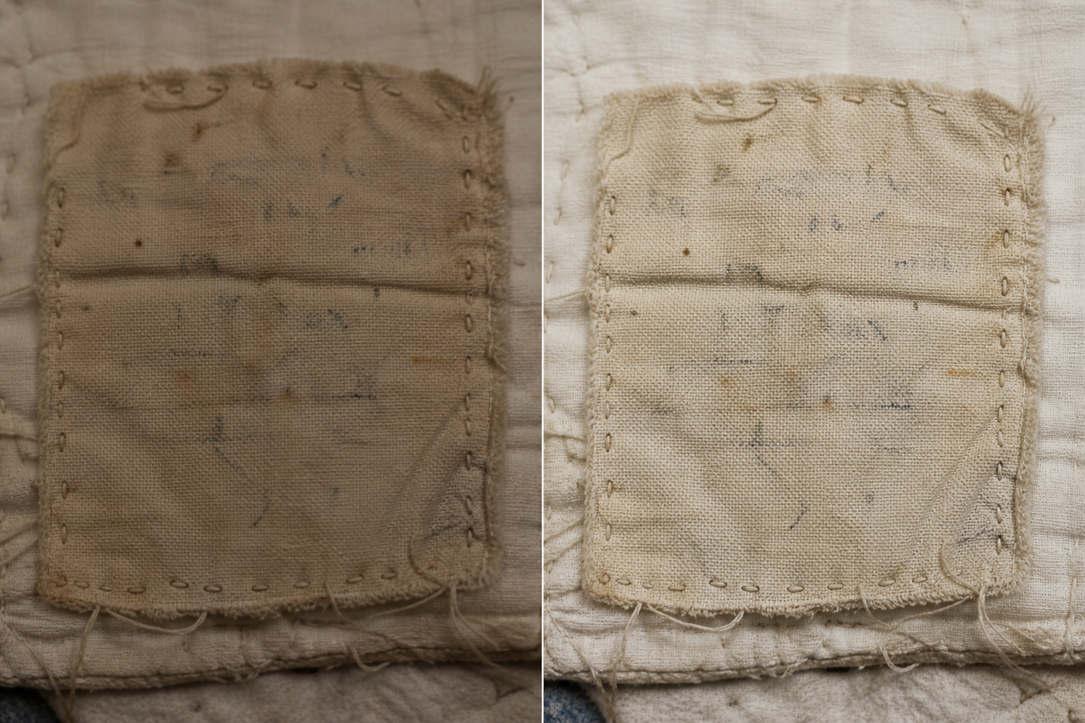 Before-and-after comparison of a faded quilt label photographed under controlled light