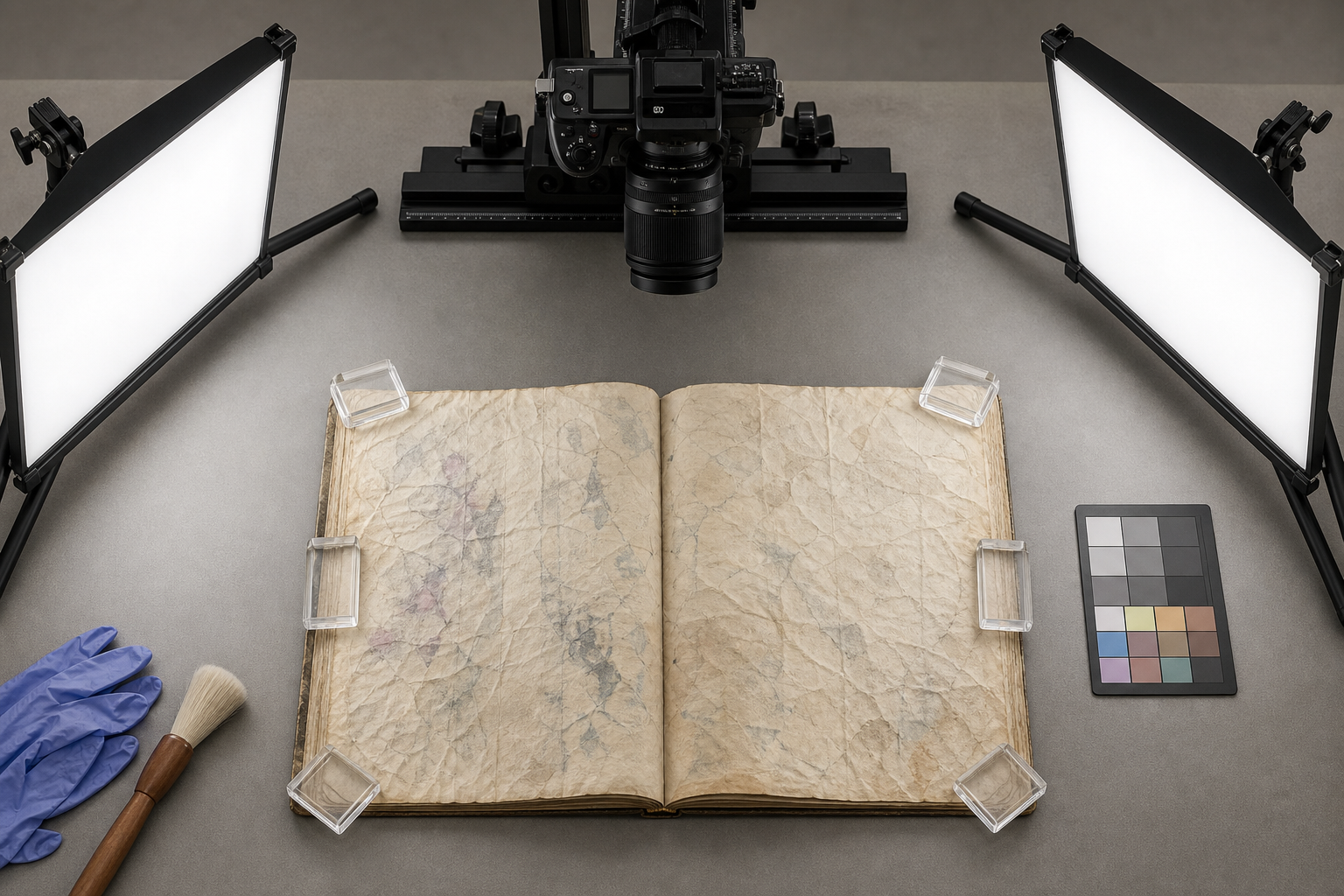 Overhead camera arrangement for photographing a wrinkled field notebook with two diffused lights