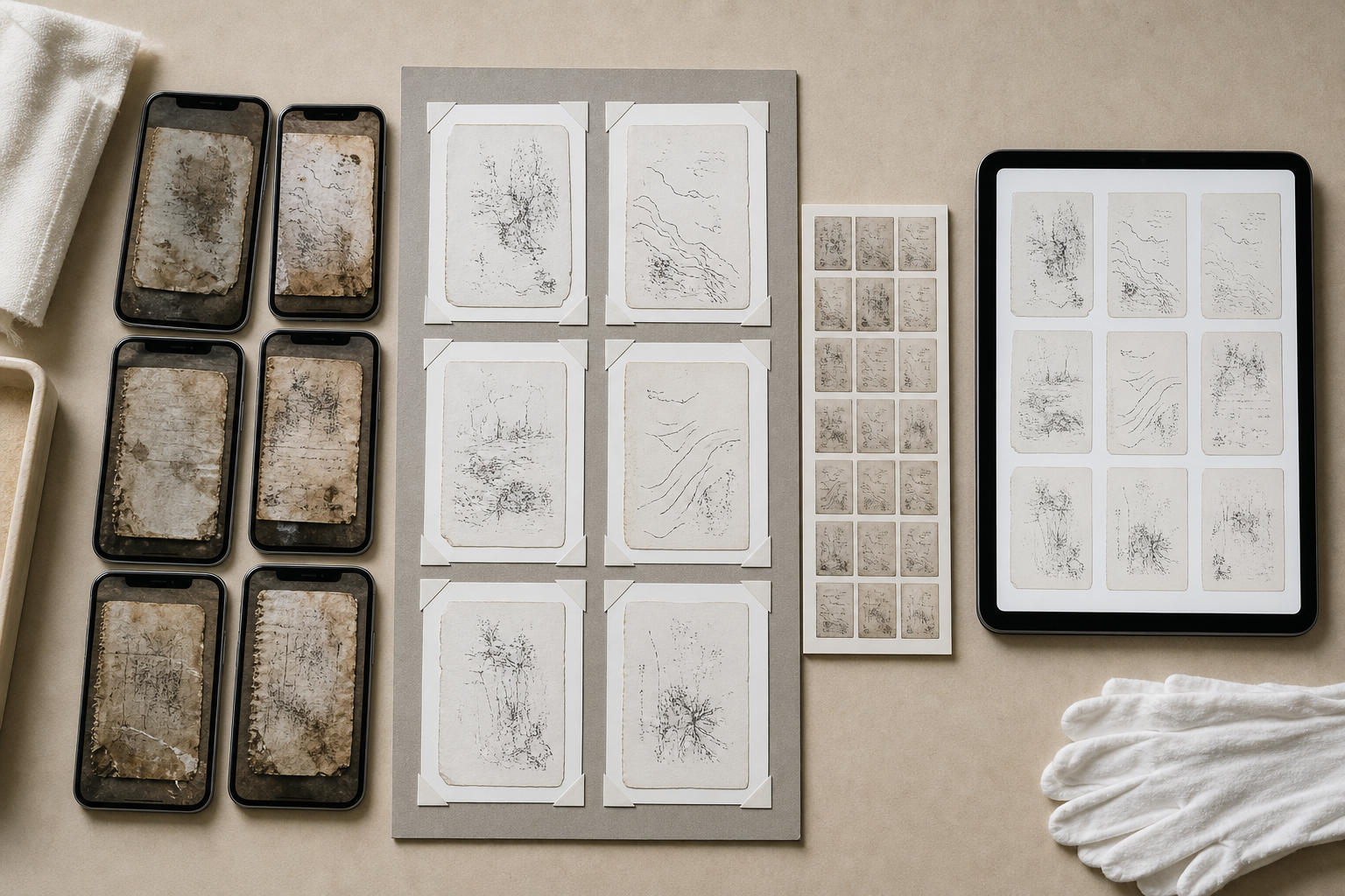 Visual arrangement of original page photographs, cleaned derivatives, and a compiled archival PDF