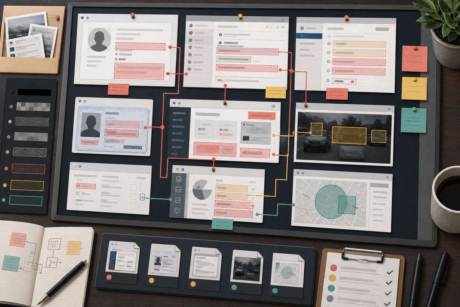 A visual planning board showing screenshot areas marked for redaction before export