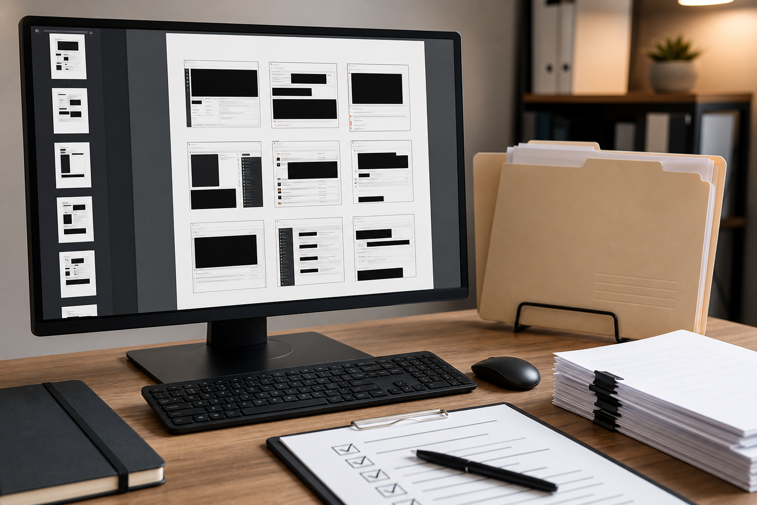 A neat folder of redacted screenshots being assembled into a vendor review PDF