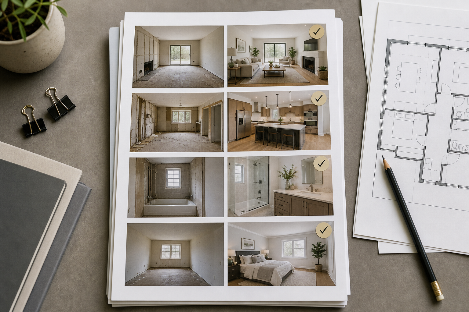 Organized renovation photo packet layout with paired before and after images for room review