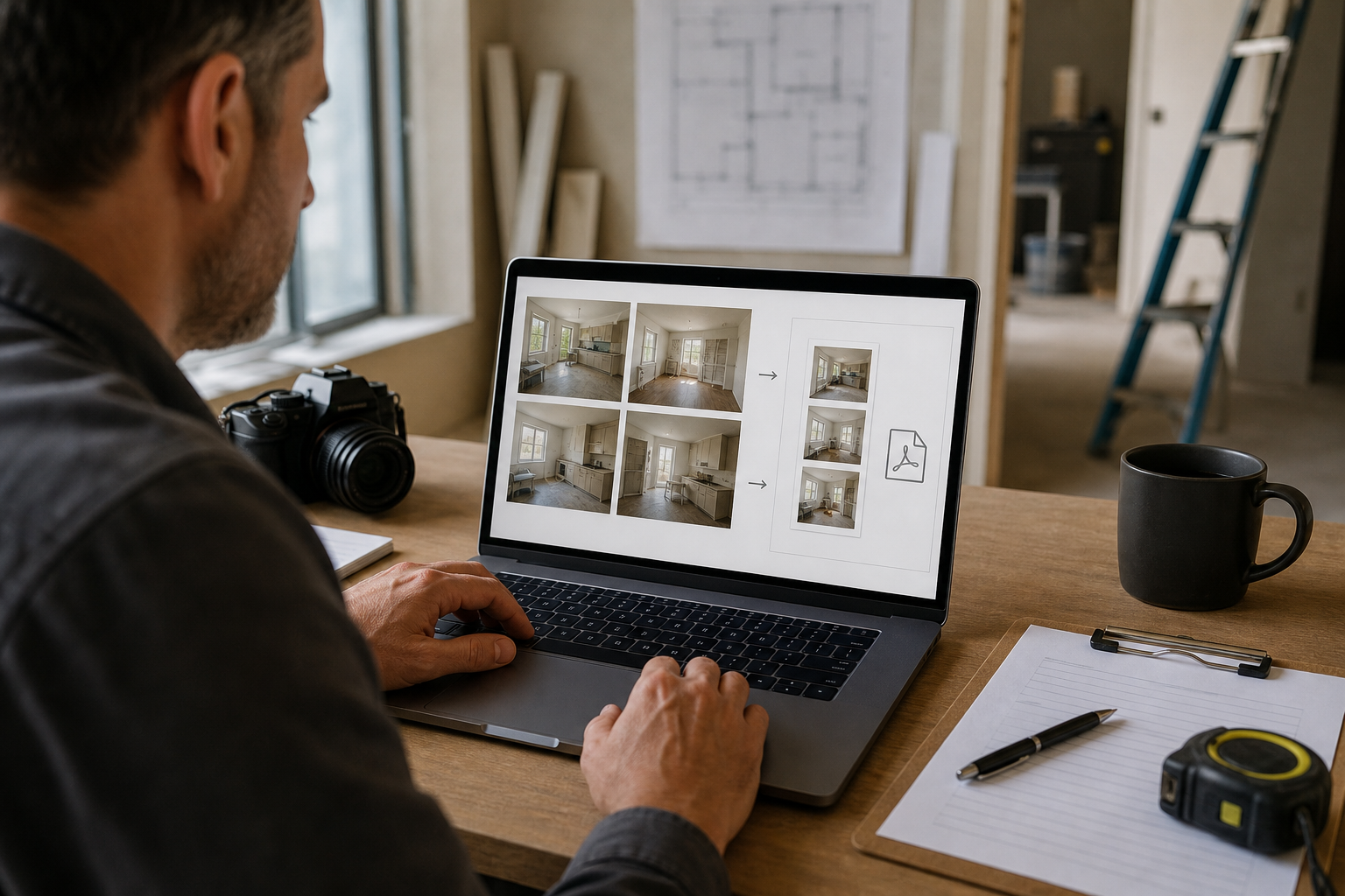 Contractor preparing renovation photos on a laptop with image resizing and PDF export workflow