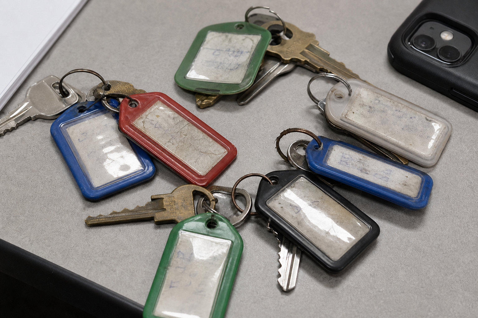 Close-up of several rental key tags with glare, worn labels, and mixed handwriting